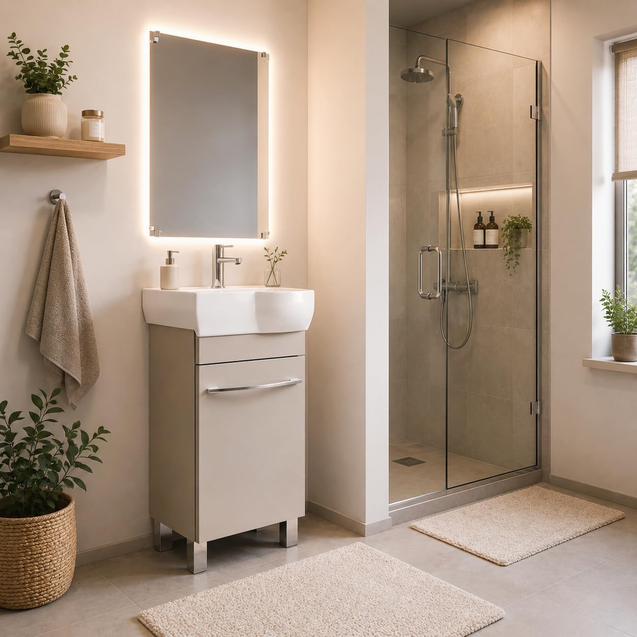 Lavabo con mobiletto da 50 cm di larghezza, mobiletto per lavabo Burgos con lavandino – Mobiletto da bagno, mobiletto da bagno (cashmere)