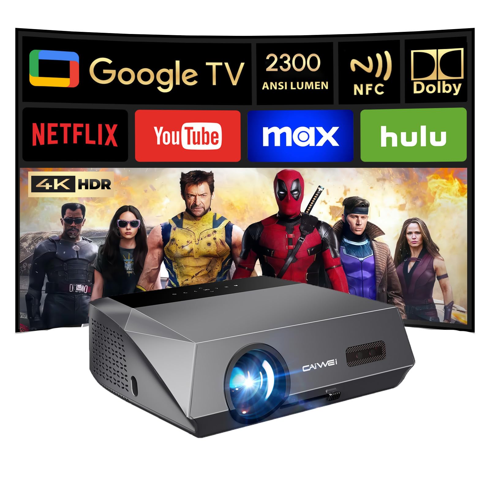 Daytime Projector with Google TV 2300 ANSI Ultra HD 4K Smart Daylight Projector with Netflix-Licensed Tof Auto Focus HDMI eARC Dolby Bluetooth WiFi6 for Bright Home Theater Outdoor Movie Church Bar