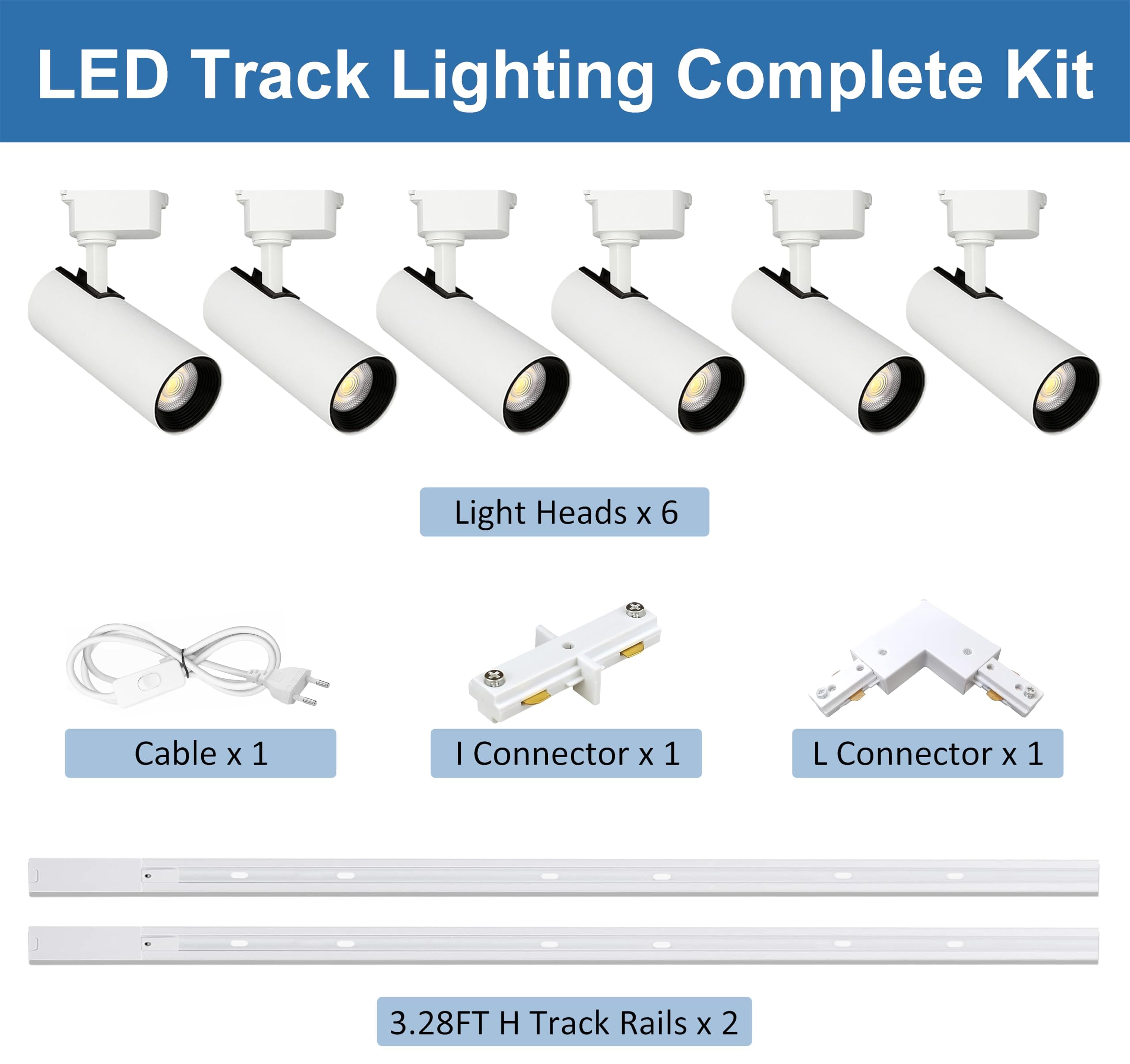 6-Lights LED Track Lighting Luminaire Plafonnier Industriel, 20W Track Lighting Compelete Kit 4000K Spot de plafond pivotant pour Chambre à coucher, Cuisine et salon with Extra 6.5ft Track Rails