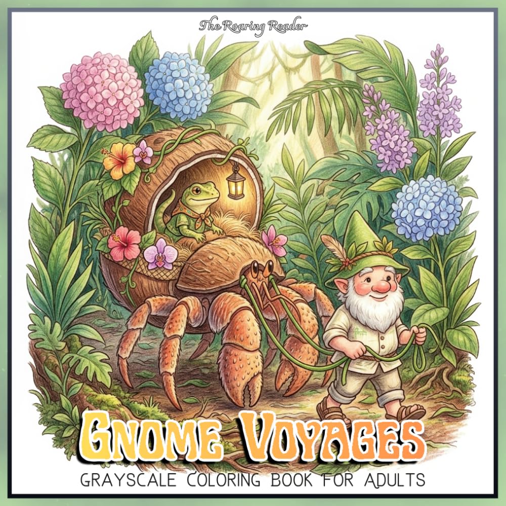 Gnome Voyages Grayscale Coloring Book For Adults: Cozy Fantasy Adventures with Adorable Gnomes, Cute Animal Companions, Magical Floral Vehicles, and ... (Magical Creatures and Fantasy Adventures)