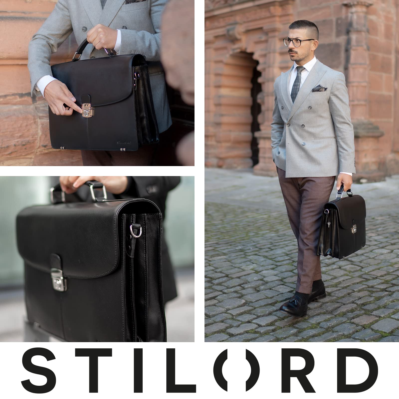 STILORD "Miguel" Classic Leather Briefcase Black Gents duża torba biznesowa torba biurowa z zamkiem do powieszenia 15,6 calowej torby na laptopa Kolor:czarny
