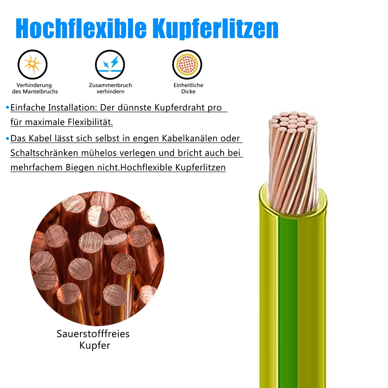 H07V-K 2,5mm² Filo Flessibile Giallo-Verde, 50m | Rame flessibile, isolamento PVC. Per quadri, officina e cablaggio interno.