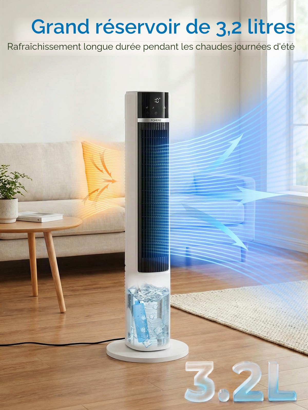 FOHERE Refroidisseur d'air et refroidissement par évaporation, ventilateur tour ultra silencieux, avec minuteur 24 h, télécommande, réservoir d'eau 3,2 l, pour salon, chambre à coucher, maison, bureau