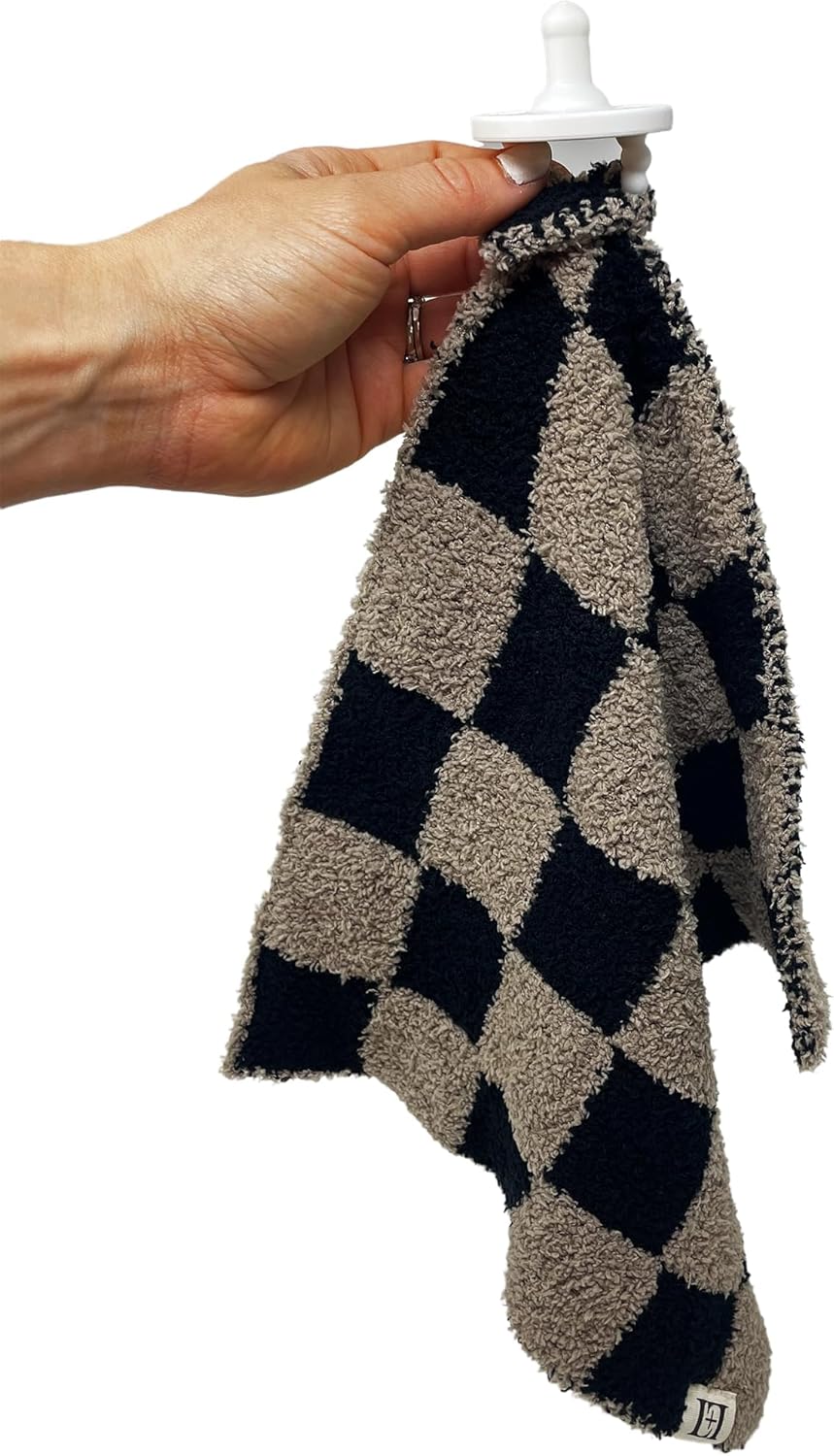 L+L USA Checkered Baby Lovey Pacifier/Teether Holder 10"x10" - DreamSoft Plush Fluffy Cuddly Soothie Reversible Mini Comfort Blanket - Cute Newborn Gift Essential for Babies Boys Girls (Black/Brown)