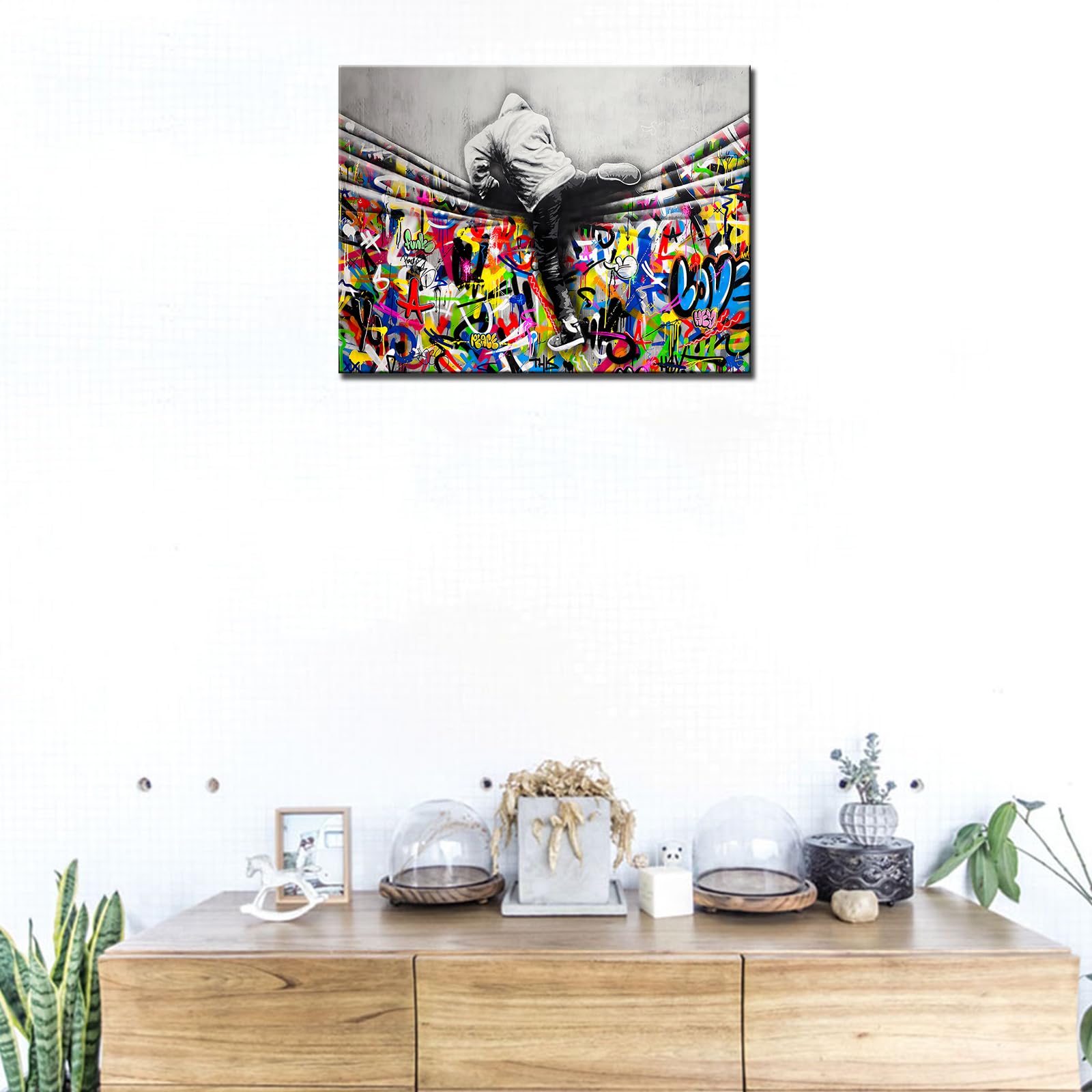 Banksy Street Art Decor Graffiti Men Paintings for Bedroom Behind the Curtain Pictures Nordics Artwork 1 Pieces Canvas Wall Art Modern Home Decor Framed Ready to Hang Poster and Prints(12''W x 16''H) - Image 4