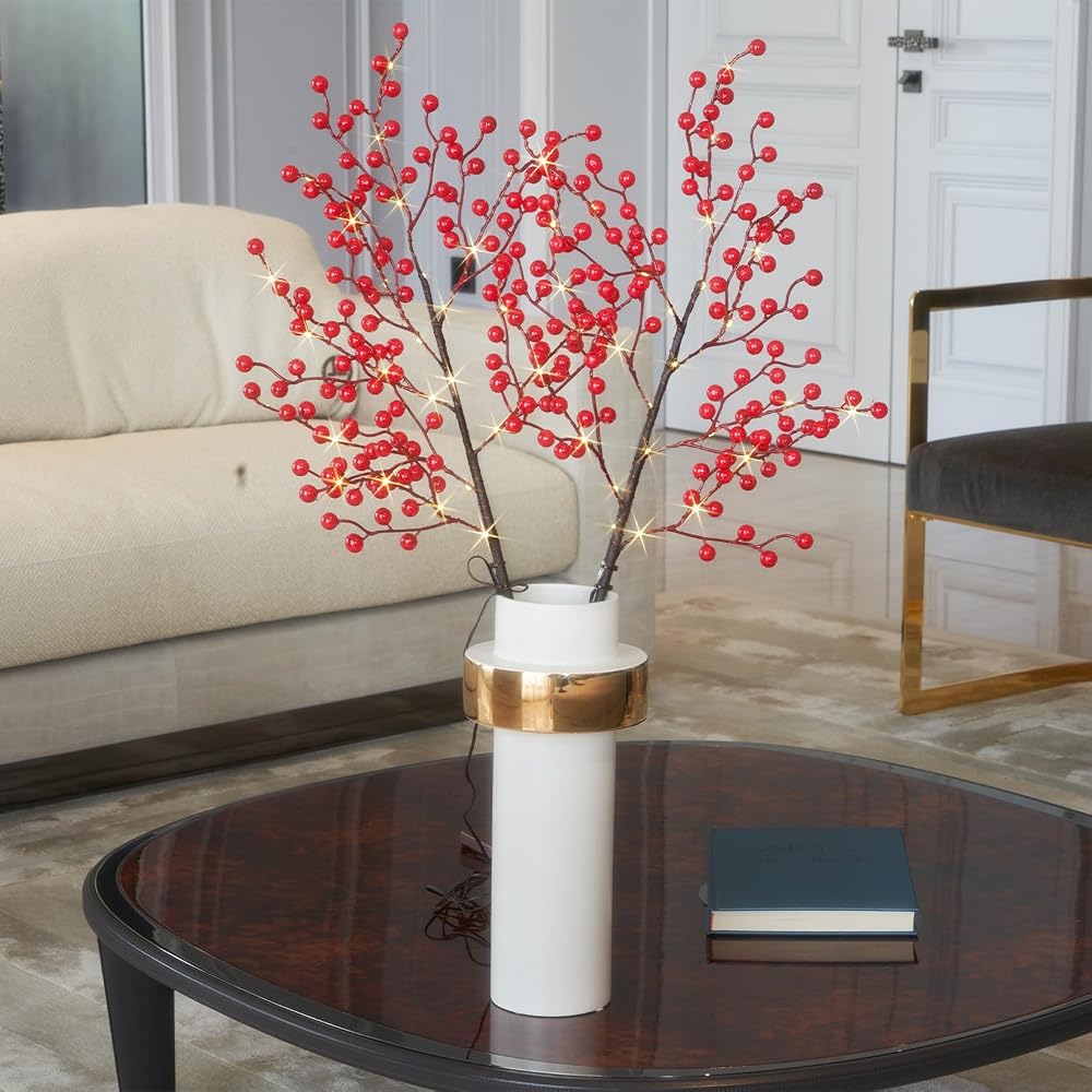 Red Berry Branch Lights with Timer for vase Winter Christmas Party Decor — 사진 1
