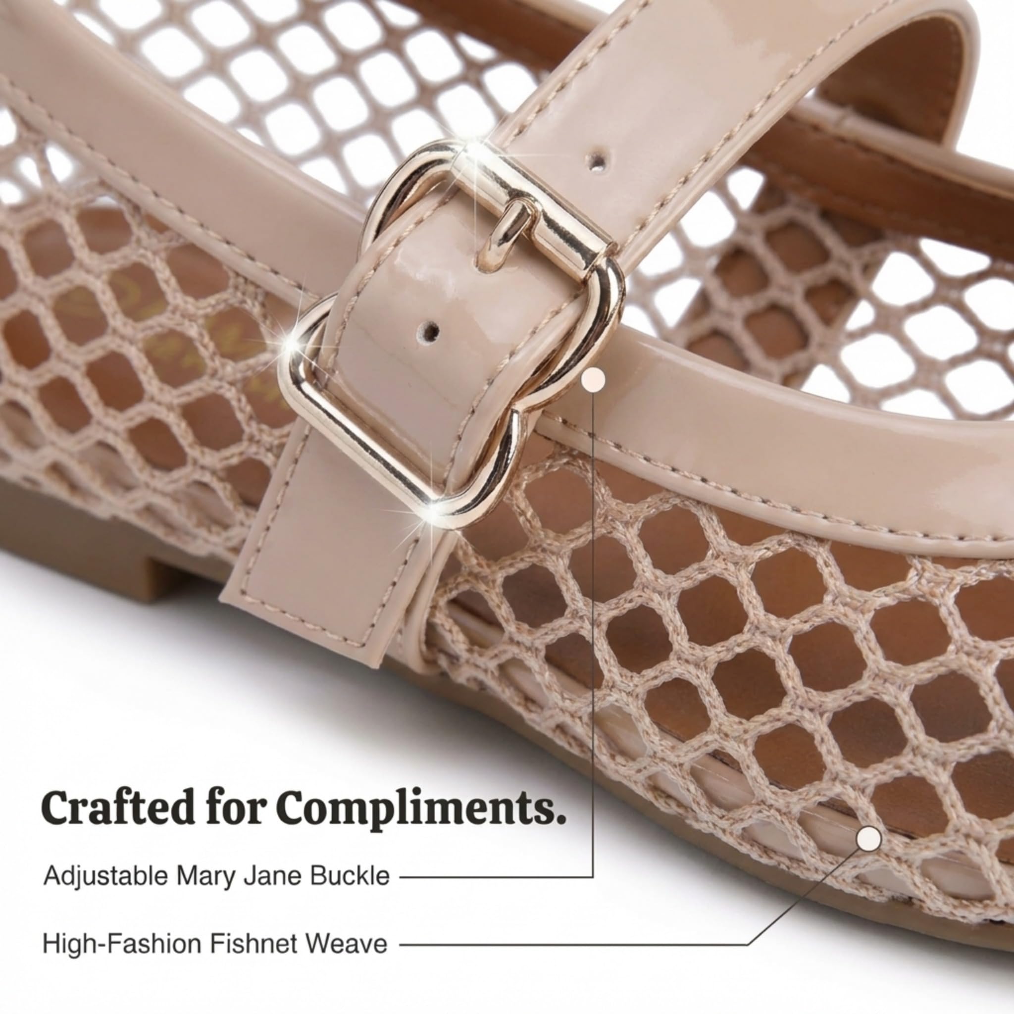 EMMA NEW YORK Mesh Ballet Flats for Women, Mary Jane Mesh Ballet Flats Shoes for Women with Buckle Strap (Nude, 11)