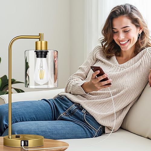 Miniatura 7 de Juego de 2-2 puertos USB y lámparas de mesa de noche con salida de CA, lámpara de mesa de noche regulable de 3 vías para sala de estar, dormitorio,