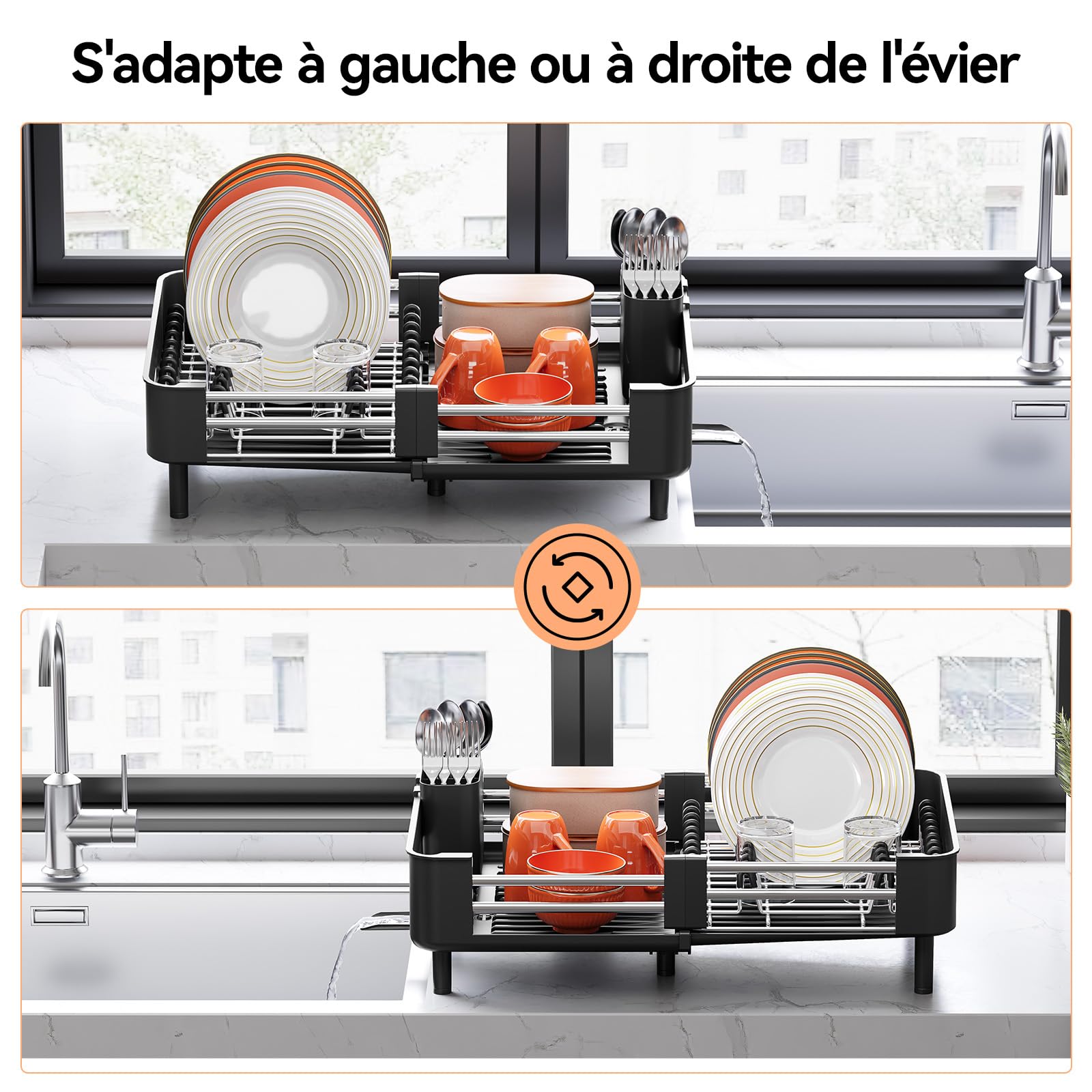 Urackify Scolapiatti espandibile | Pieghevole, in acciaio inox, portaposate rimovibile, supporto per piatti antigraffio
