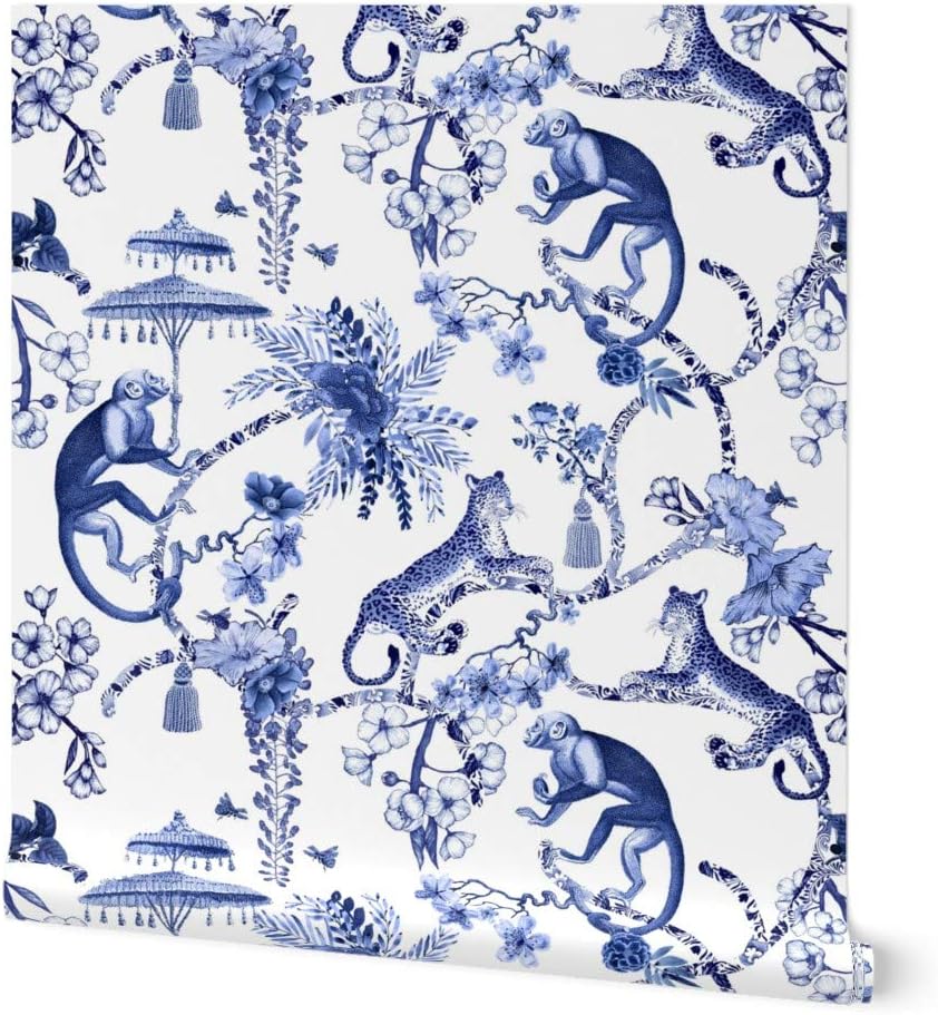 Peel & Stick Wallpaper 9ft x 2ft - Chinoiserie Blue White Flowers Floral Branches Monkey Leopard Umbrella Custom Removable Wallpaper by Spoonflower