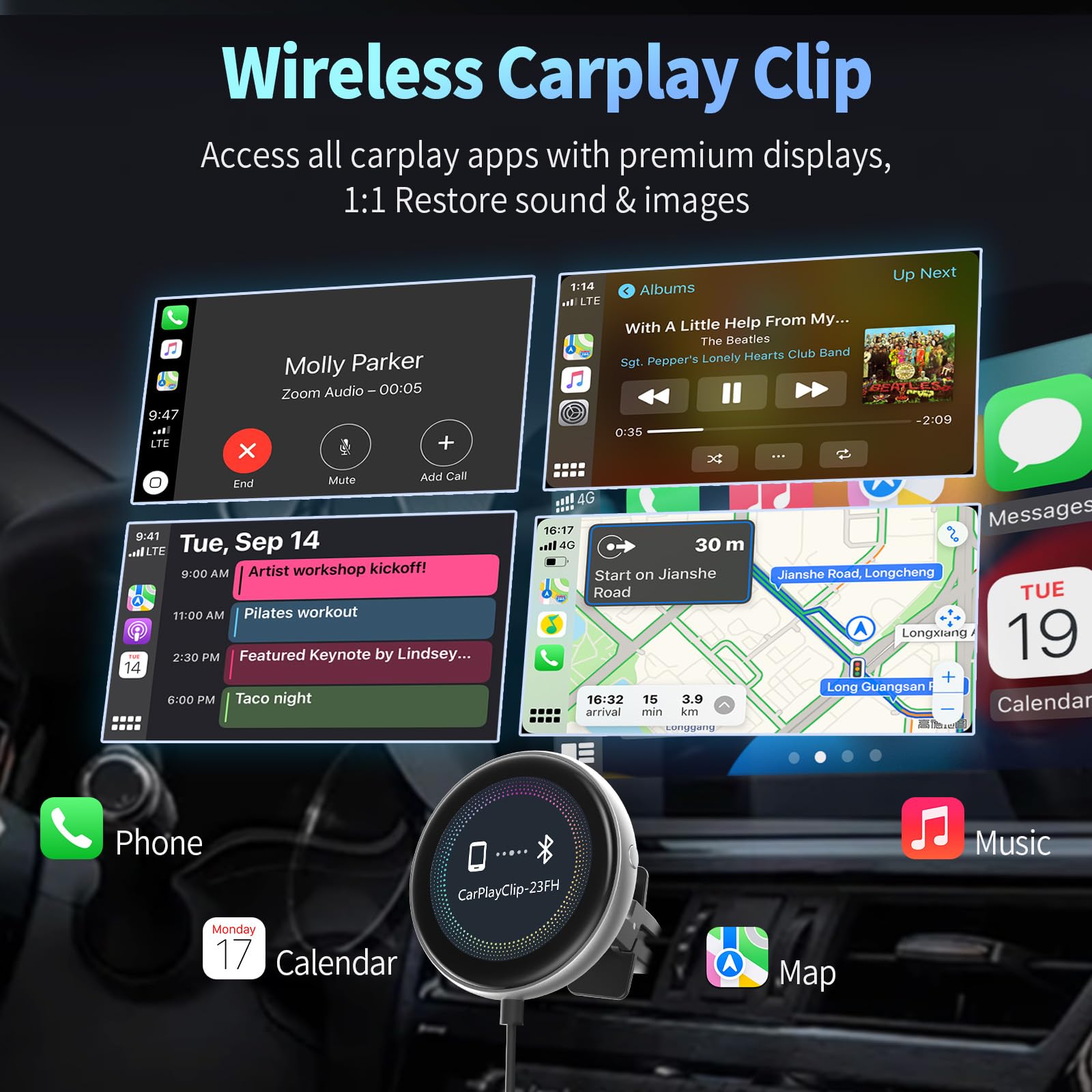 OTTOCAST Adattatore Carplay Wireless Clip, Dongle Wireless CarPlay Plug & Play con Display Elettronico può Mostrare Orologio Immagini Copertina di Album Musicali Compatibile con Auto con Wired CarPlay