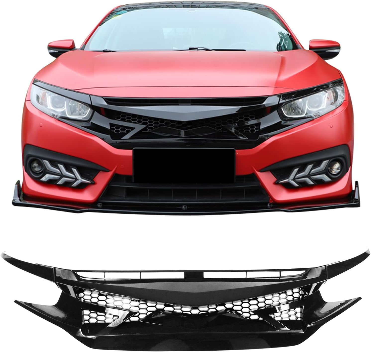 IKON MOTORSPORTS Grille Compatible With 2016-2021 Honda Civic, IKON Style Gloss Black Front Bumper Grille Hood Grill With Eyelids 3PC ABS