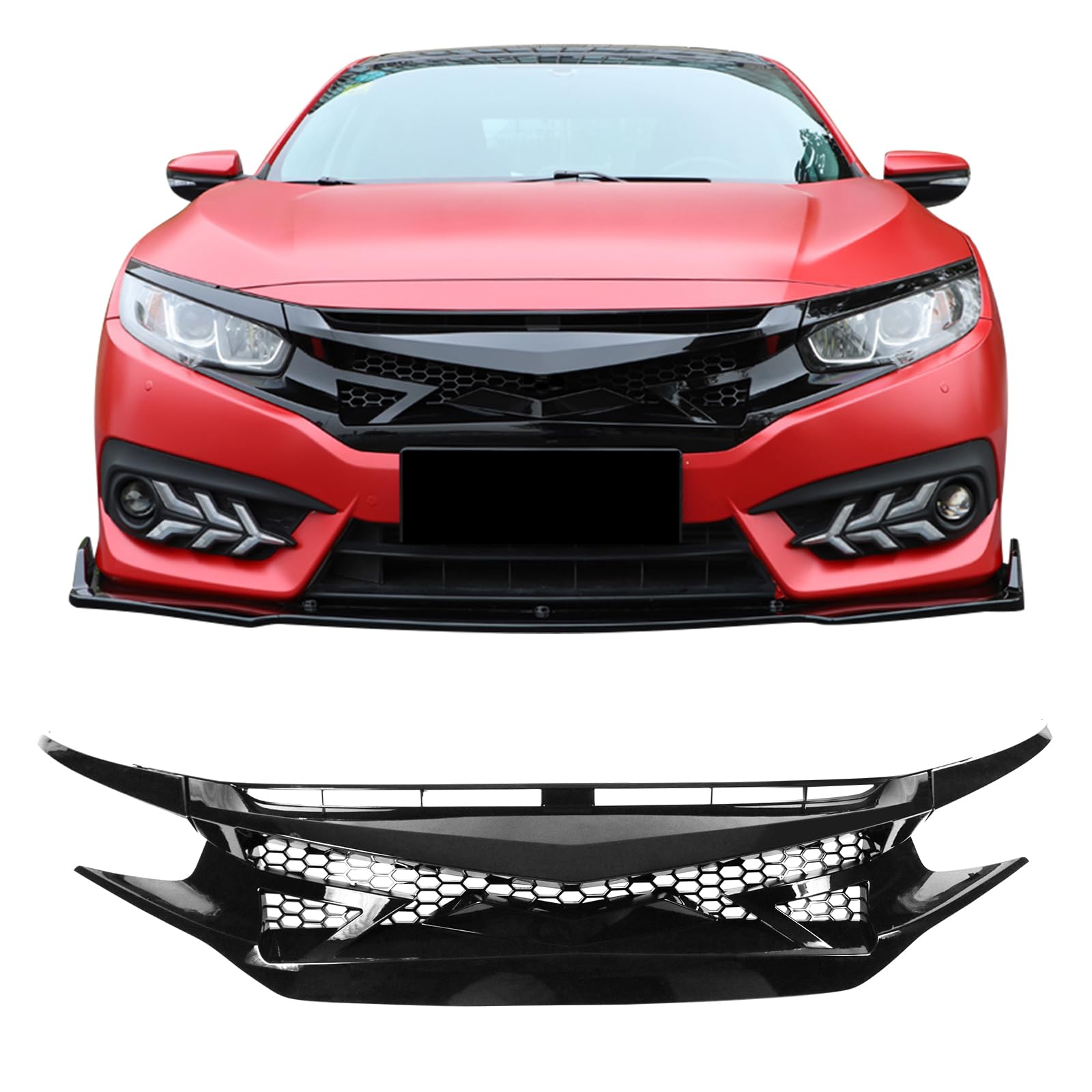 IKON MOTORSPORTS Grille Compatible With 2016-2021 Honda Civic, IKON Style Gloss Black Front Bumper Grille Hood Grill With Eyelids 3PC ABS