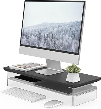 Fenge 23.6" Monitor Stand with Clear Acrylic Legs, Black | Clear Acrylic, Storage Compartment, 2-tier Home Office Monitor Riser, Wide Large Desktop Shelf Fit Monitor/Laptop/Printer