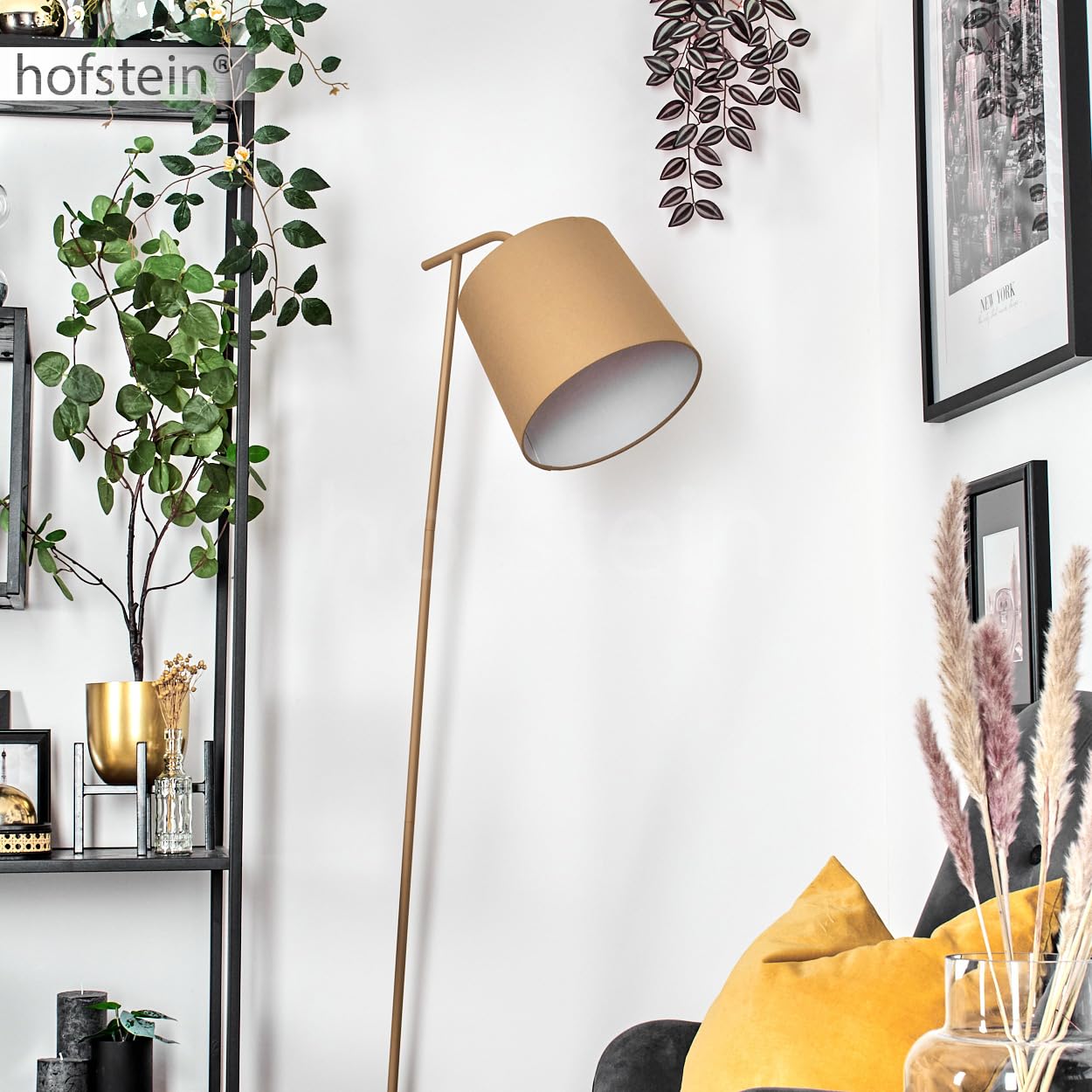 Lampada da terra Palmeiros, lampada da terra in metallo/tessuto beige/bianco, lampada in stile boho con paralume rotondo (Ø 25 cm) e interruttore a pedale, altezza 160 cm, 1 x E27, senza lampadina
