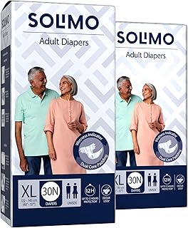 Amazon Brand-Solimo Adult Diapers,Tape Style|XL Size|60 Count|(30 x Pack of 2)|Waist 48-57 Inch(122-145 cm)|Unisex|Quick A...