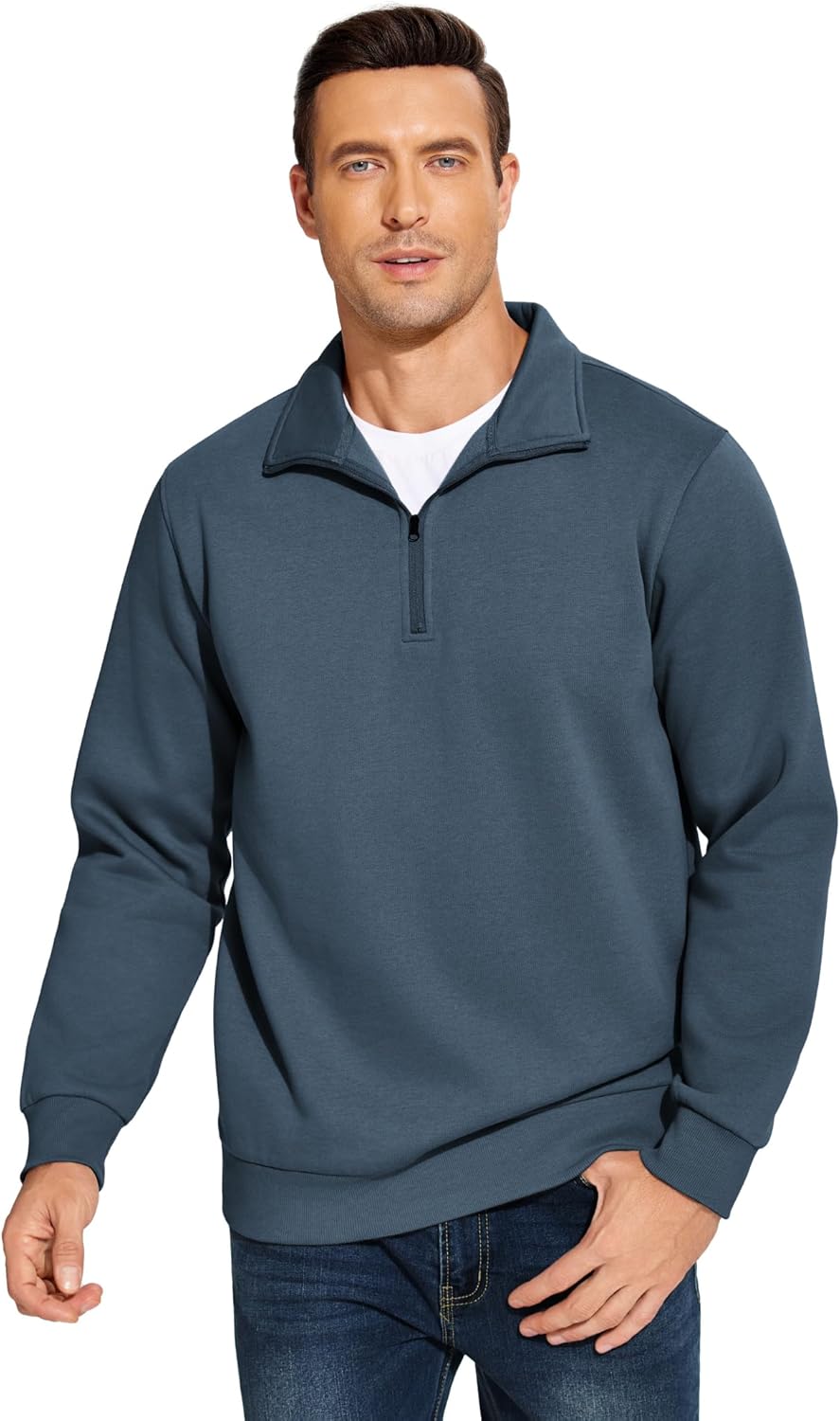 PINSPARK Men's Quarter Zip Pullover Sweatshirts Mock Neck Casual Long Sleeve Fall Winter Warm Fleece Cotton Sweatshirt