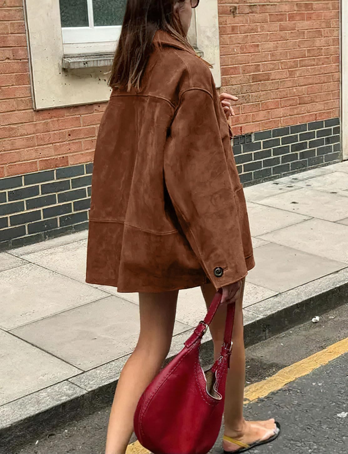 chouyatou Women's Fall Boyfriend Faux Suede Leather Jacket Casual Midi Long Button Down Shacket Coat - Image 4