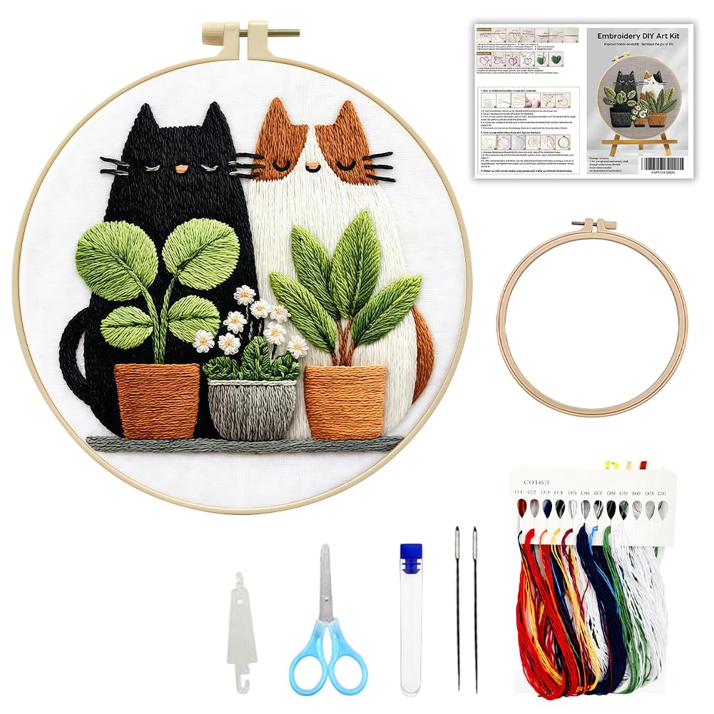 WFKKMEQ Cat Embroidery Kit, Cat Cross Stitch Kits with Embroidery Hoops Needle Thread Punch Needle Kit Embroideries Kits for Beginner Adult Gift for Women Girls