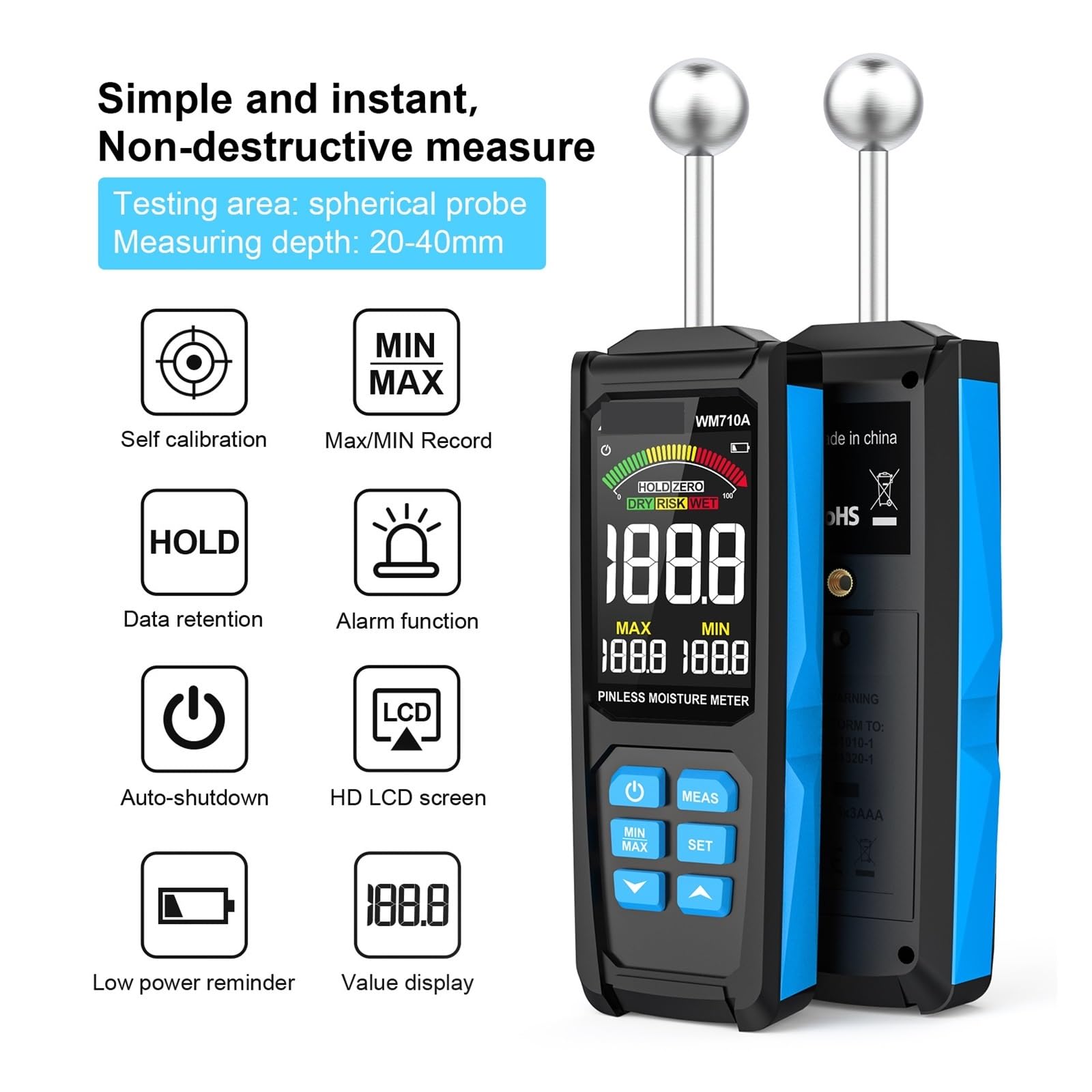 Medidor de Humedad Medidor de humedad Detector de humedad de madera Función de alarma Probador de humedad Higrómetro esférico sin contacto Detección de humedad(WM700B)
