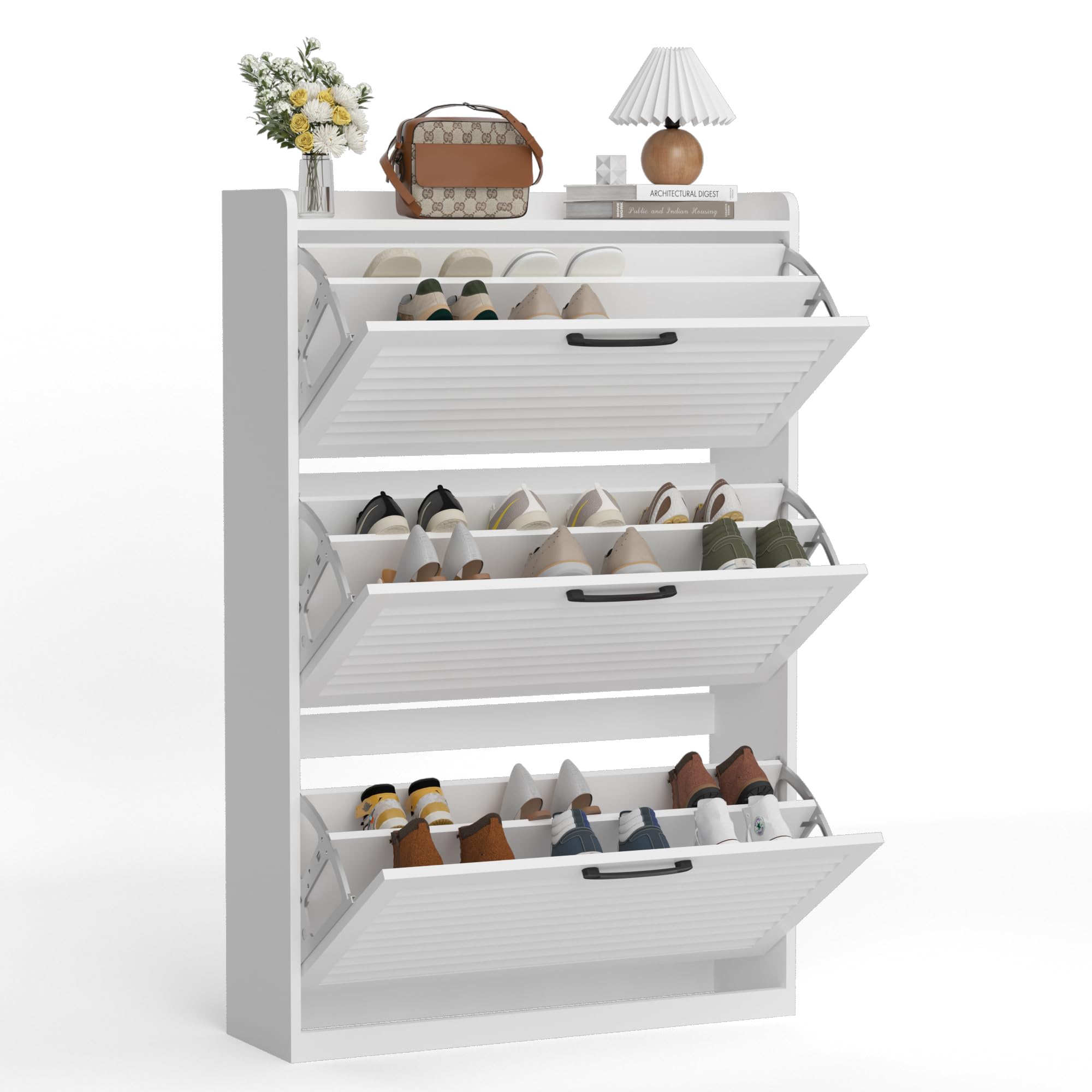 BonVache Mueble para Zapatos Estrecho, Armario basculante con Puerta de persianas, Mueble con 3 abatibles y 6 estantes Ajustables, Almacenamiento de Zapatos de Madera, 80x24x120 cm, Blanco