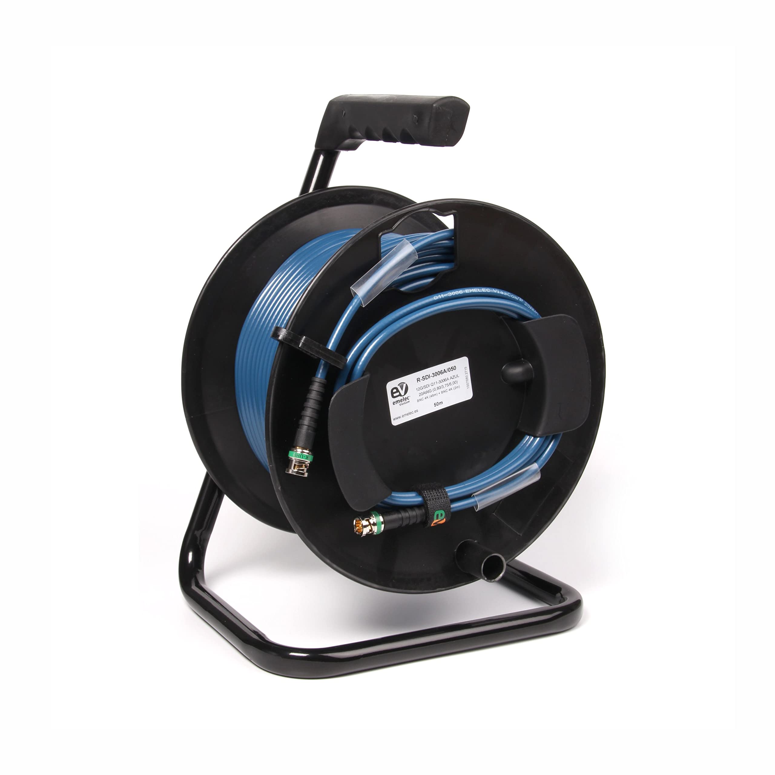 Emelec VíasCom R-SDI-3006A/070 – 70m Cable Video 4K-UHD 6G-SDI (0.8/3.75/6.0) montado en Portacables con BNC 4K-UHD – Conductor Unifilar – Color Azul – PVC Flexible