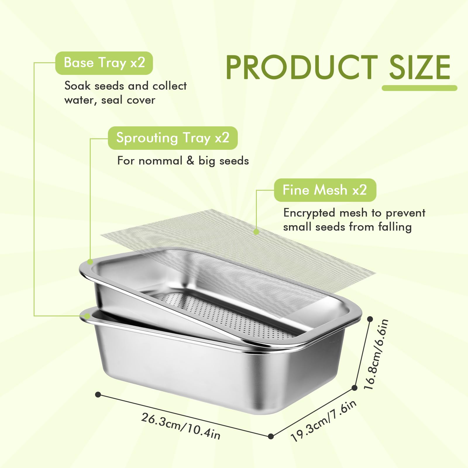 Set di 2 ciotole per germogli in acciaio inox per germogli, 26 x 19 cm, seed sprouter vassoio, set per la coltivazione di serre, ciotole per crescione, ciotole per germogli, microgreens