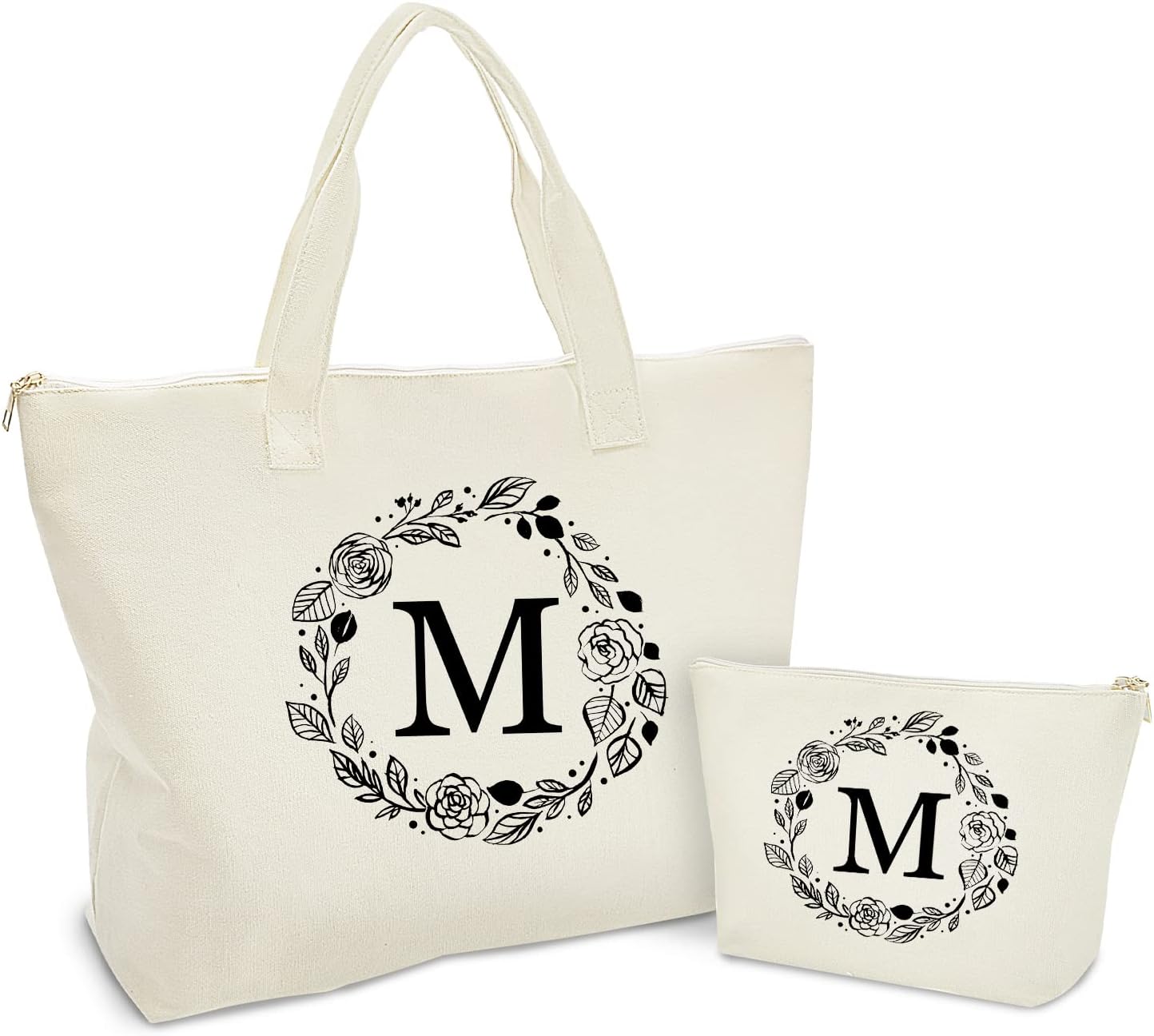 Binggemen Personalized Initial Canvas Tote Bag with Zipper, Present Bag with Inner Pocket & Make Up Bag, Great Gifts for Women, Mom, Teachers, Friends, Bridesmaids