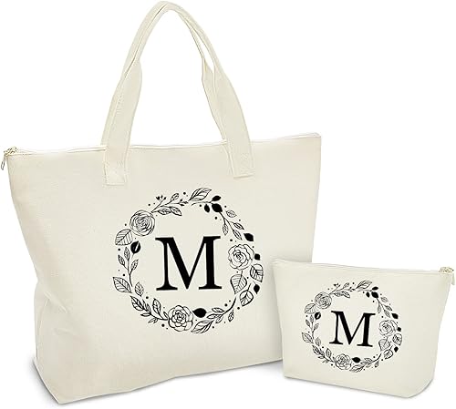 Bolsa de lona personalizada con inicial con cremallera, bolsa de regalo con bolsillo interior y bolsa de maquillaje, gran regalo para mujeres, mamá,