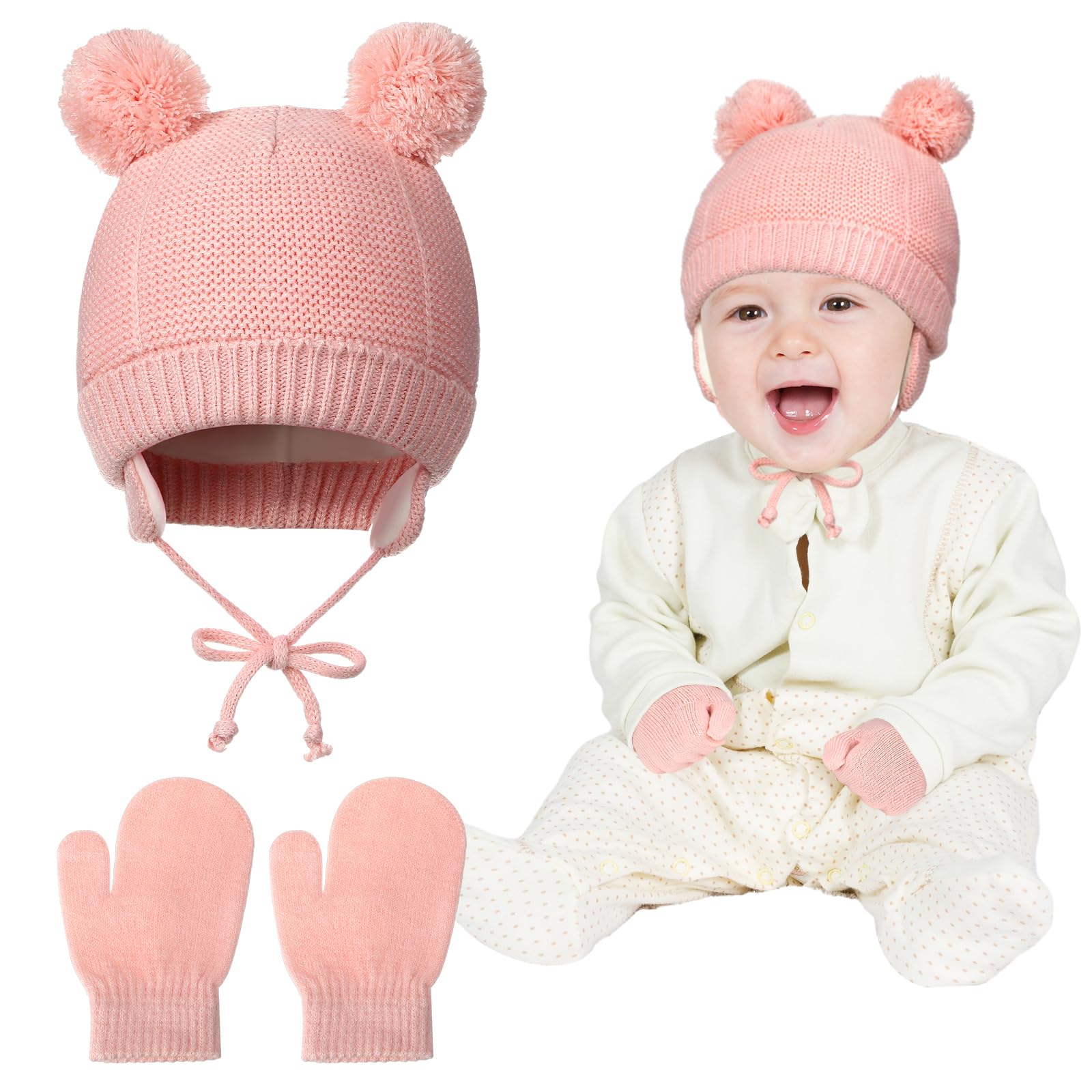 Neer2 Pcs Newborn Baby Winter Beanie Hat Mittens Set Infant Toddler Winter Autumn Warm Knitted Hat Glove Set for Girls Boys