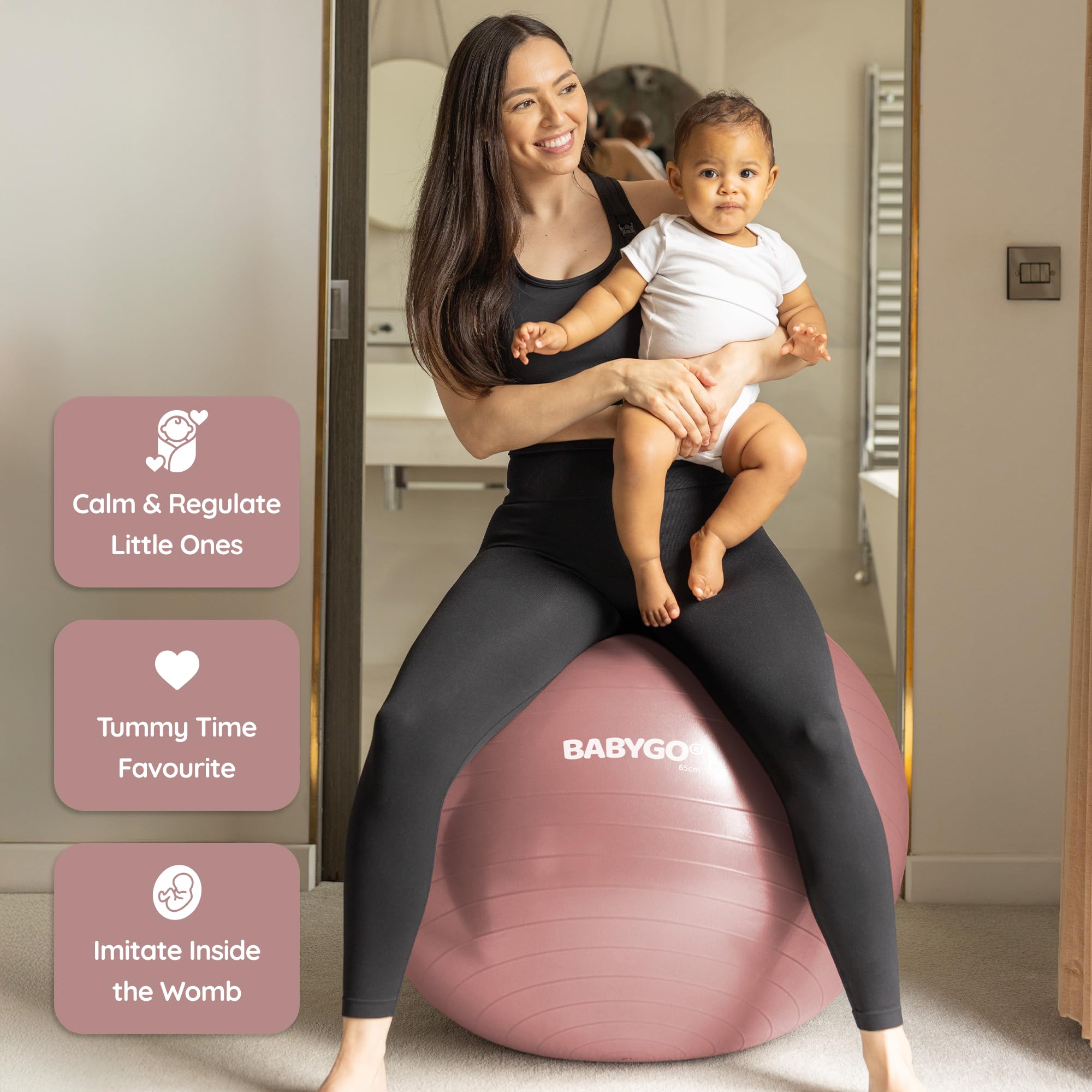 BABYGO Piłka porodowa dla kobiet w ciąży i jogi + nasza 100-stronicowa książka ciążowa, ćwiczenia, plan narodzin i regeneracji, materiał przyjazny dla środowiska odporny na pęknięcia