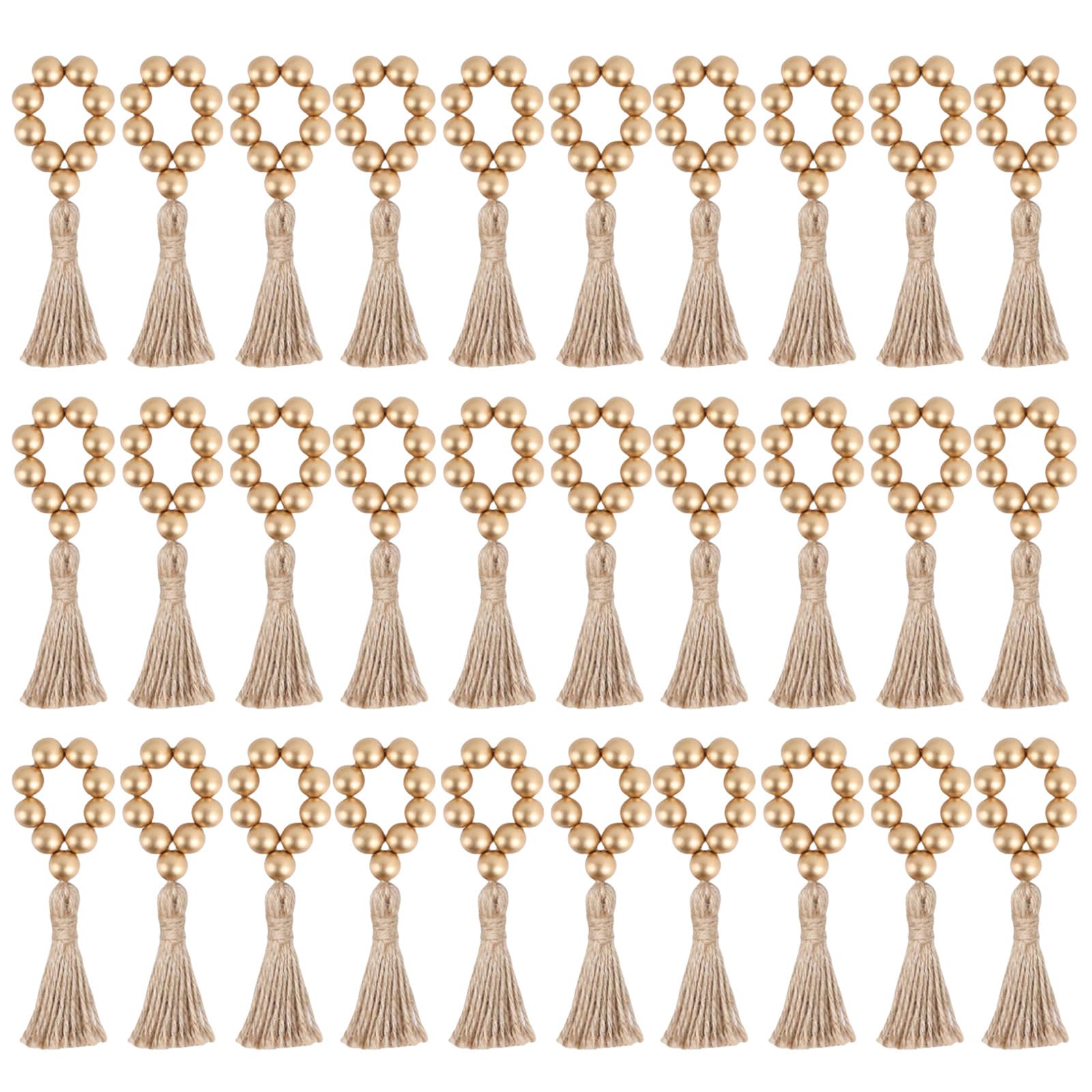 Yhplxyuus 30pcs Simple Wood Bead Napkin Rings Farmhouses Styles Elastic Napkin Rings with Wood Beads and Linen Tassels Bead Holders