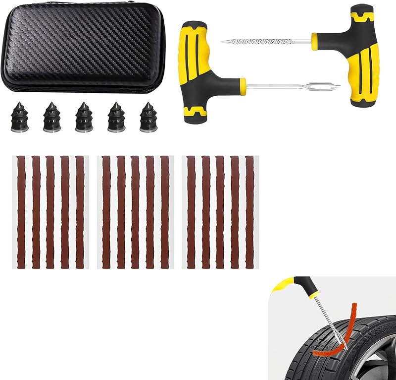 22 PCS Tire Repair Kit, DIY Tire Patching Set with 2 T-Handle 15 Rubber Strings 5 Bolt, Universal Tires Repair Kit for Car, Motorcycle Bicycle Tires Emergencies