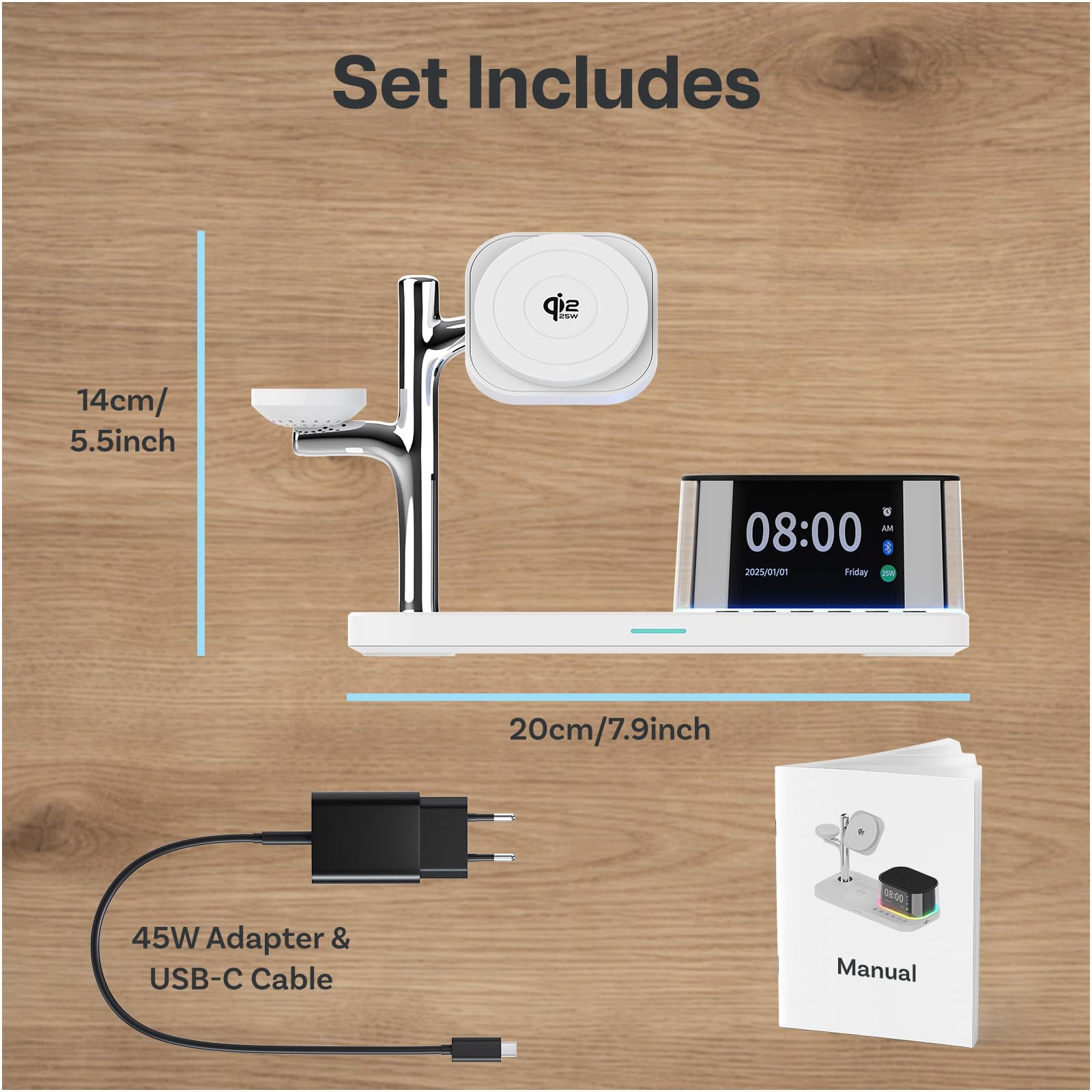 Chargeur sans Fil 5-en-1 avec Réveil, Haut-Parleur Bluetooth & Veilleuse LED pour MagSafe par MMOBIEL – Station de Charge sans Fil Qi2.2 25W pour iPhone, Apple Watch & AirPods – Blanc