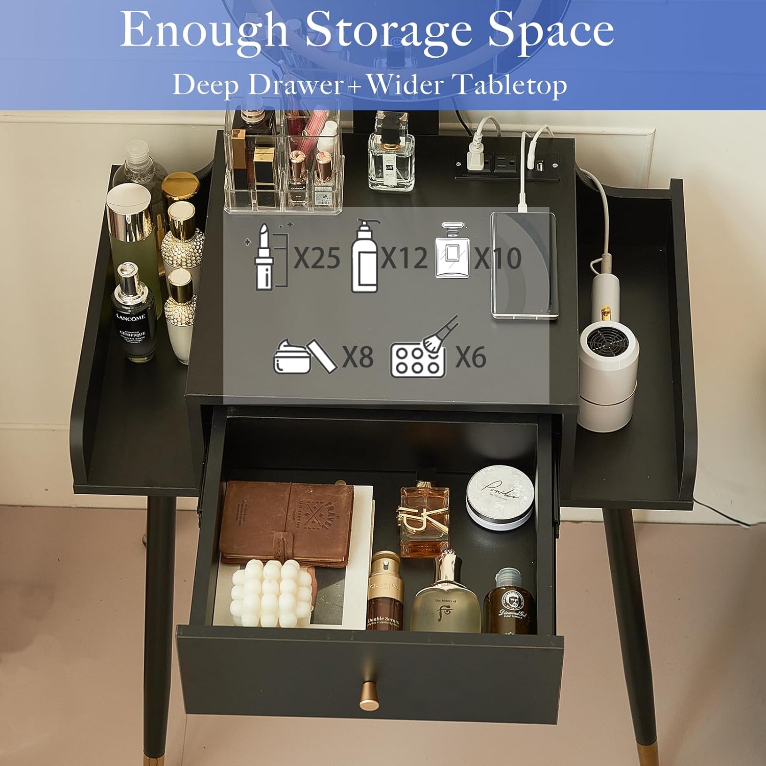 Exploded view of vanity desk components