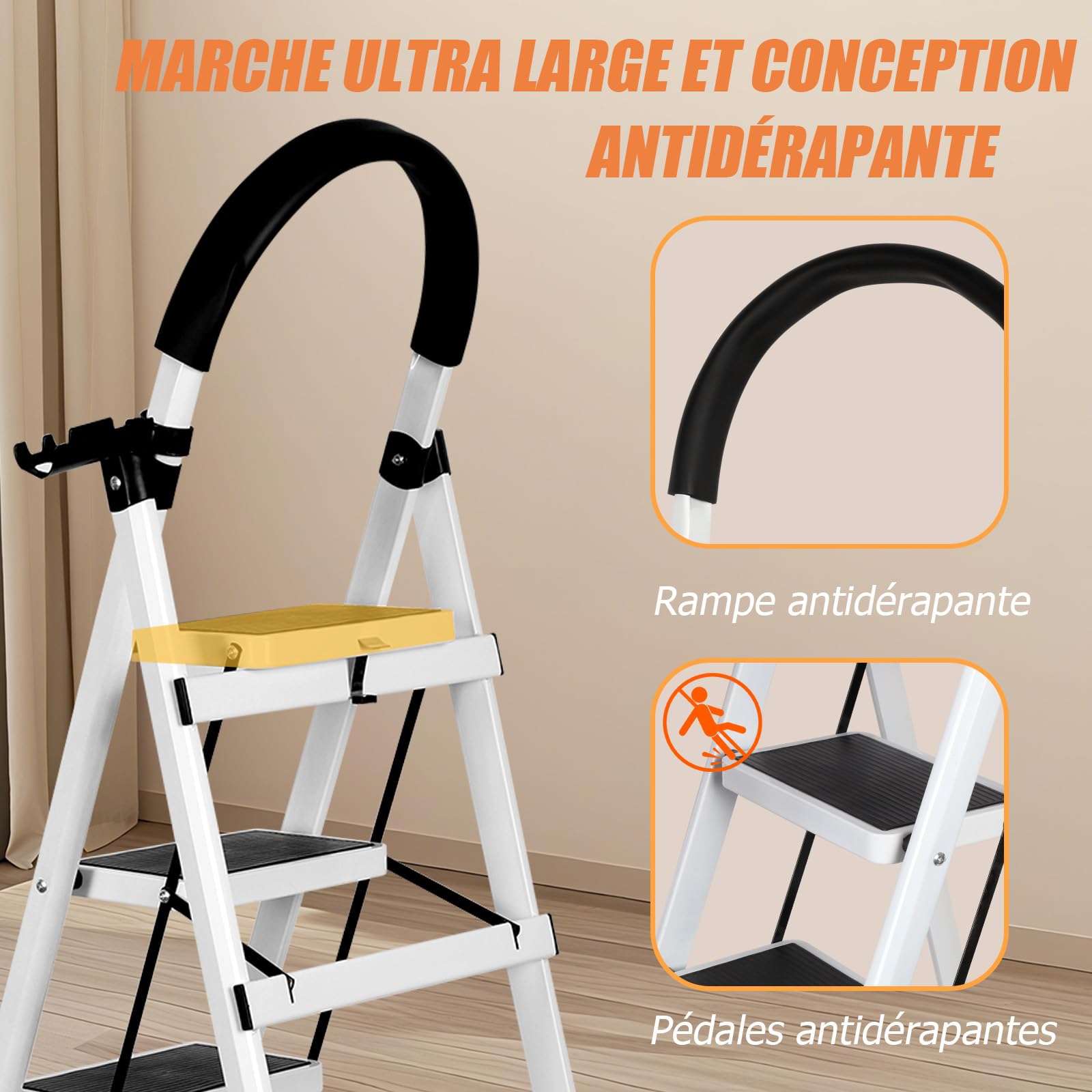 Escabeau 3 Marches Pliant,Marchepieds escamotables,Échelle en Aluminium,Marche Pied Pliable Antidérapantes,Escabeau Escamotable Légères,pour la Maison et Bureau Charge 152 kg