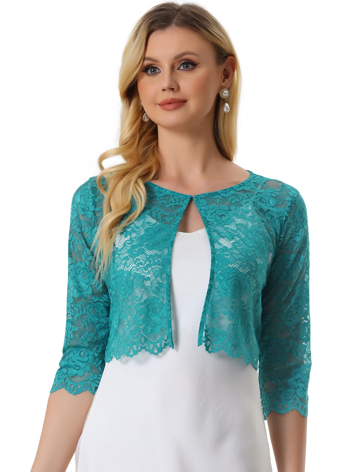 Allegra K Cardigan en dentelle ouvert sur le devant pour femme - Élégant - Motif floral - Boléro court en dentelle, vert malachite, Taille M
