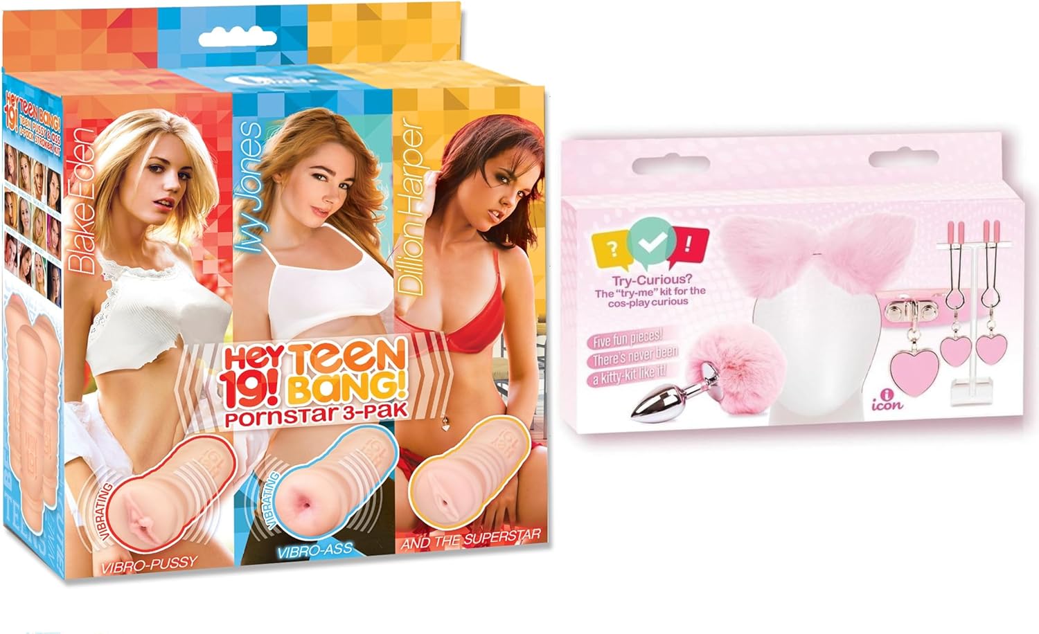 Couples Sex Toy Bundle of Hey 19! Teen-Bang Pussy & Ass 3 Pack and Icon Brands Try Curious Kitty Kit - Pink