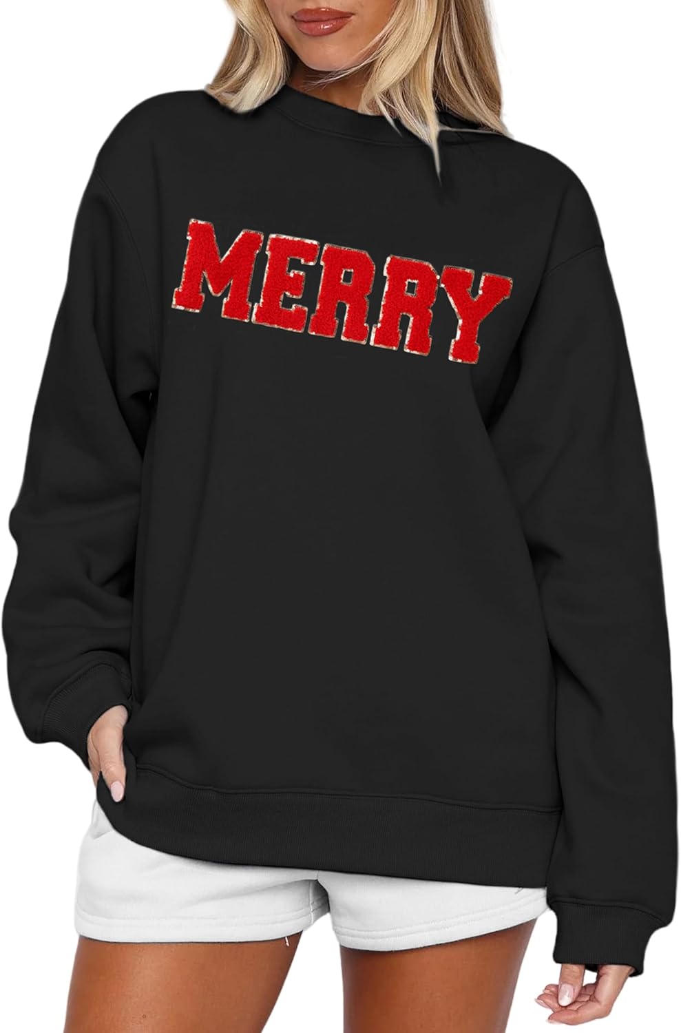 Merry Sweatshirts for Women Christmas Crewneck Fleece Lined Sweaters Chenille Sequin Letter Pullover Winter Tops