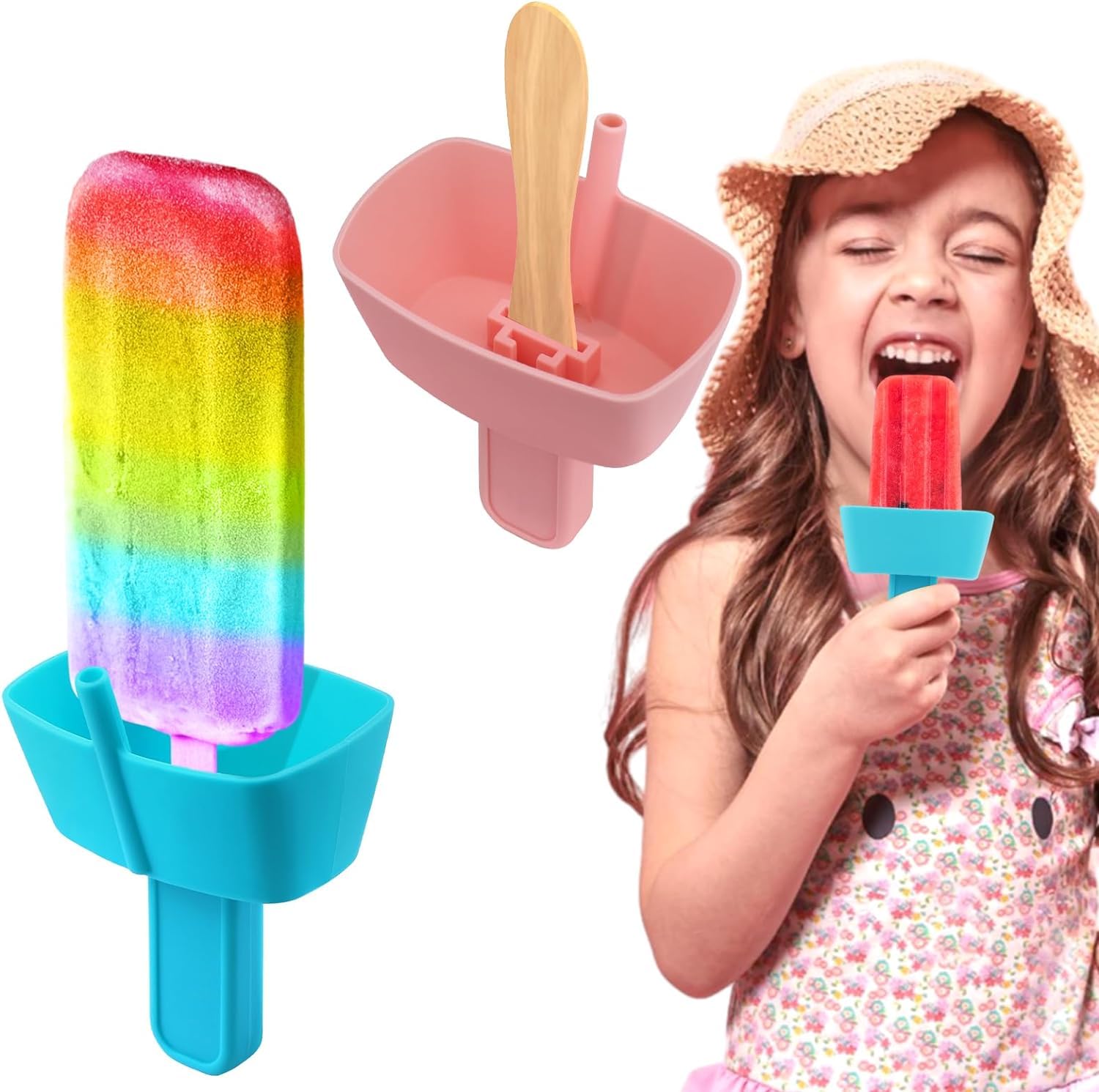 Lonimia 2Pcs Silicone Drip Free Ice Cream Popsicle Holder with straw,Reusable Mess Free Ice Pop Stick Holder for Sucking Up Melted Frozen Treats for Toddlers, Baby, Kids