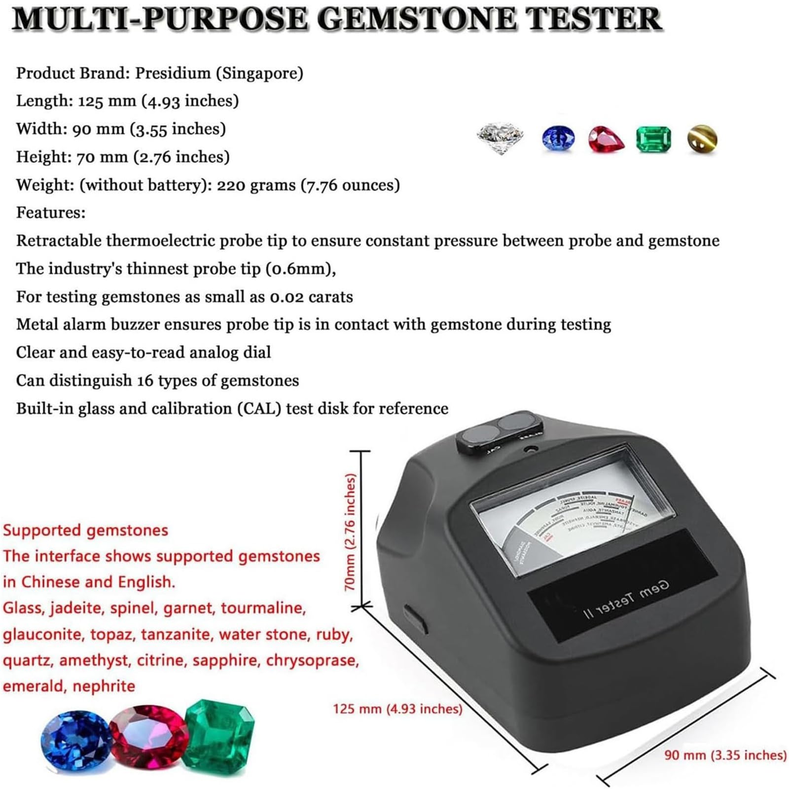 Tester per diamanti, kit tester per pietre preziose con conducibilità termica, strumento di lettura professionale di precisione per gioielli