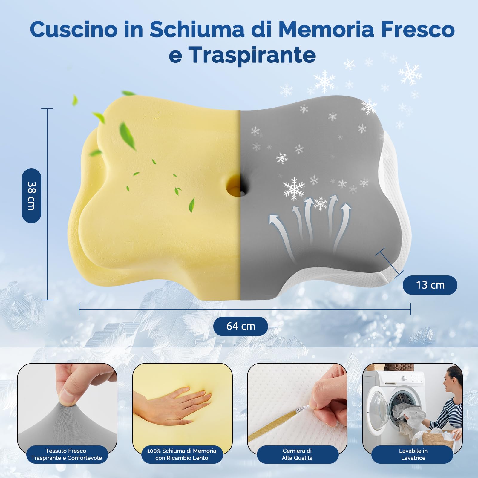 Cuscino per Cervicale,Cuscino Memory Foam per Dormire,Cuscino Traspirante Adatto a Chi Dorme sul Fianco,Sulla Schiena o Sullo Stomaco