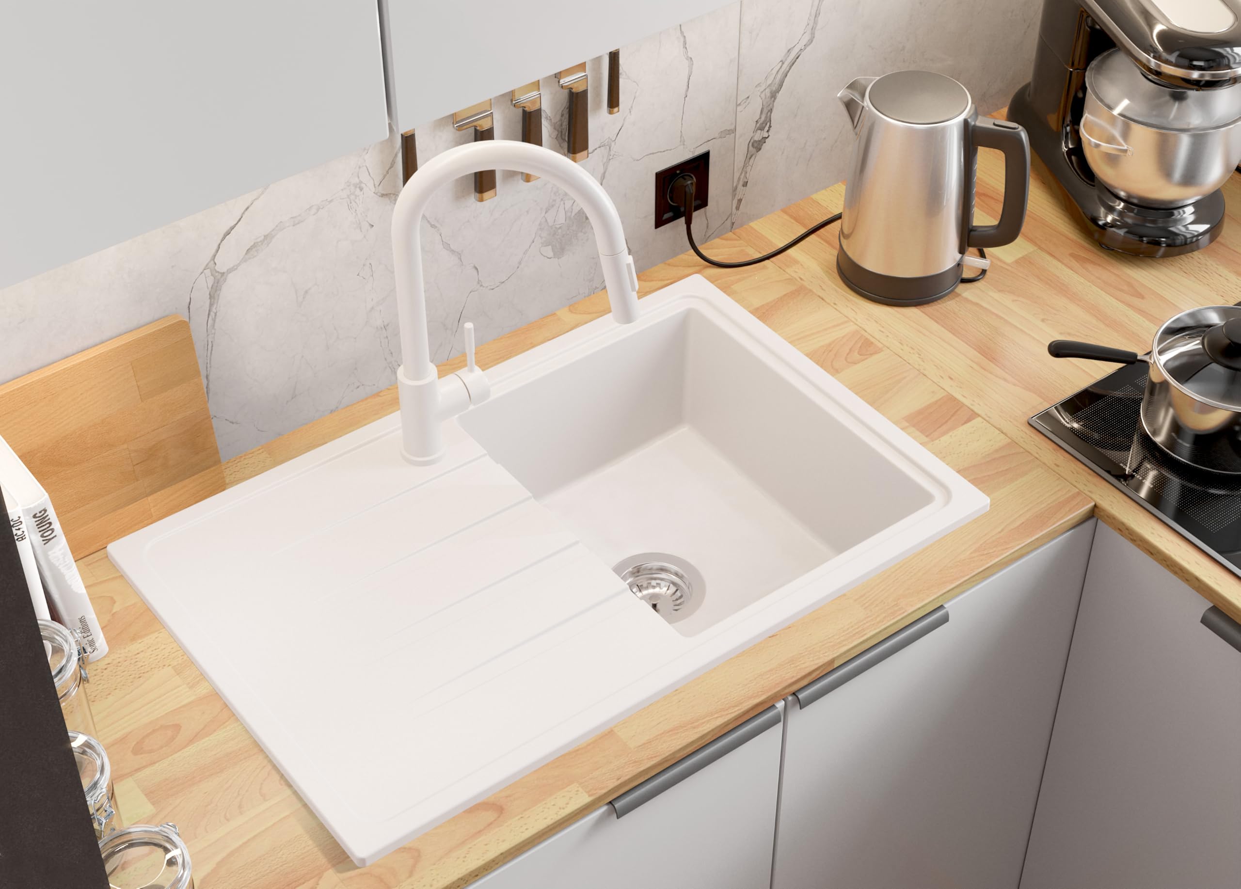 PRIMAGRAN Evier Cuisine en Granit Blanc - Milan, 78x50cm | Lavabo 1 Bac + Robinet 32x20cm + Zuberhor-Set, Évier à Encastrer au Meuble 45cm (S073)