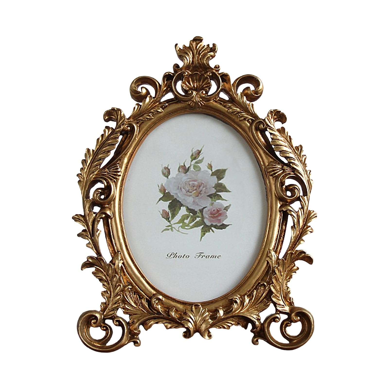 European Elegant Oval Desktop Photo Frame with Antique Finish Golden Flowers Resin Picture Frame for Living Room Decors Oval Shape Photo
