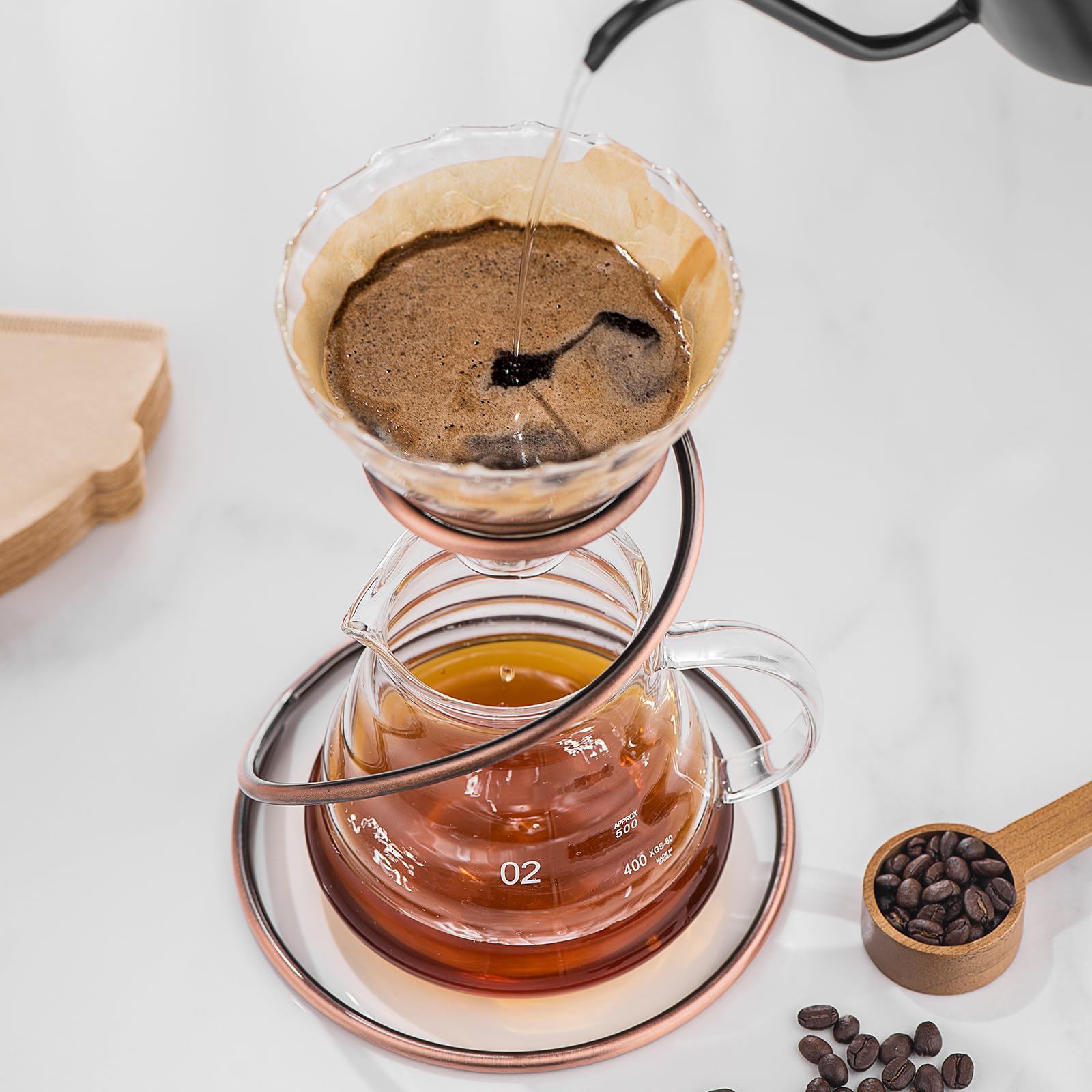 Coffee Pour Over Set - Complete Pour Over Coffee Maker with Dripper, 40Filters and Metal Stand - Portable & Stylish V60 Style Drip Coffee Brewer