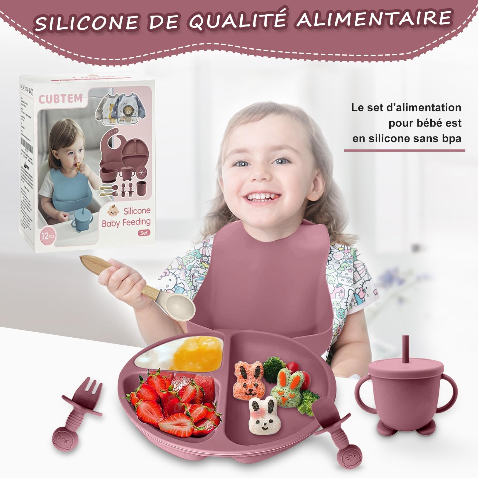 Jissta Set Vaisselle Bébé Silicone 8 Pièces Avec Ventouses – Anti-Chute, Sans BPA, Rose