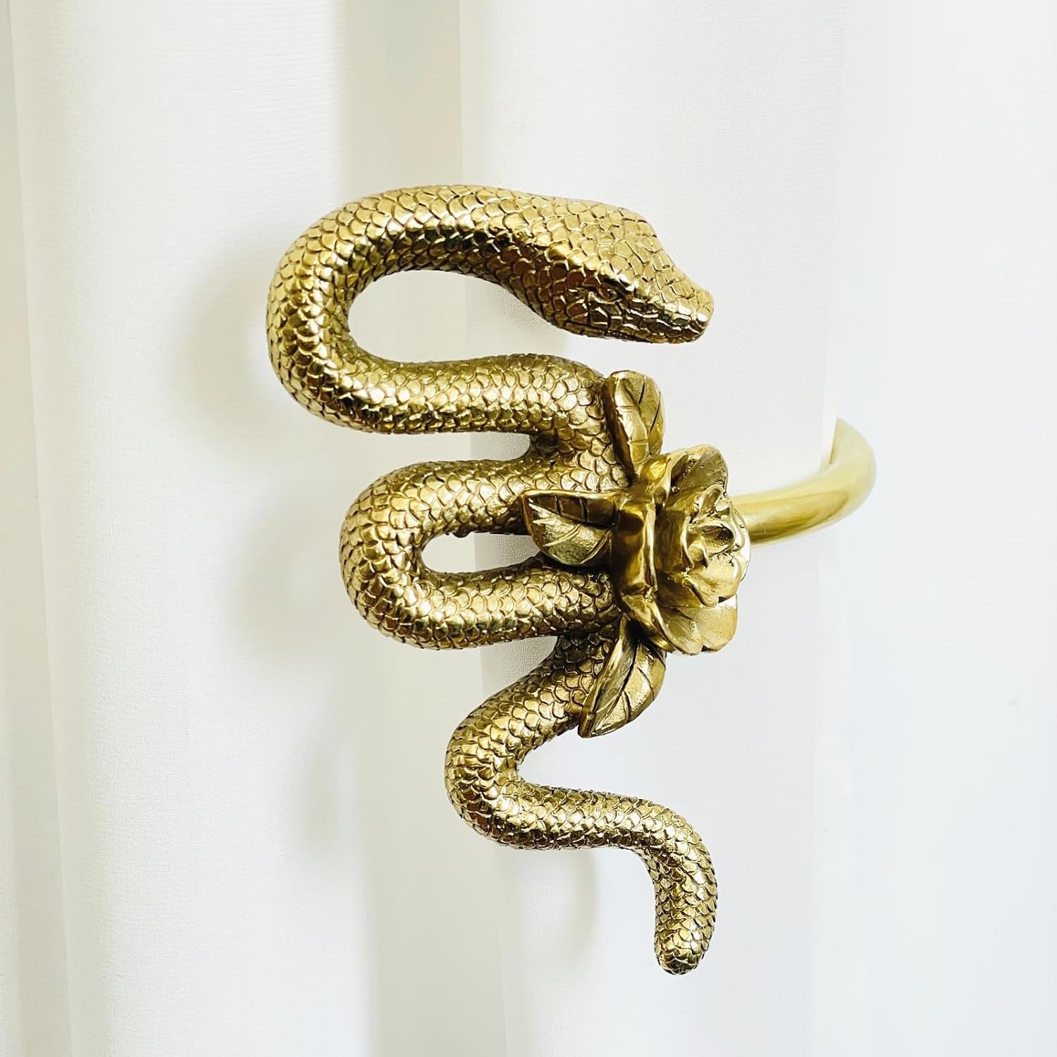 Decorative Snake Design Drapery Tieback, Hand Made Solid Brass Gold,Vintage Single Left or Right Tieback Hook,Wall Mounted Drapery Holder (Left)