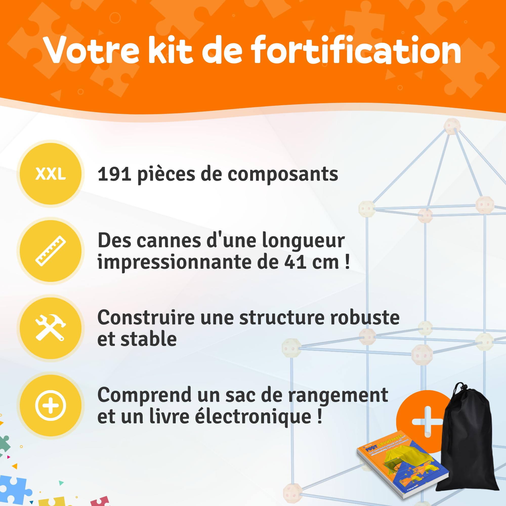 Kit de Construction Fort XL, 191 Pièces, INCL. Sac de Rangement & E-Book, Cabane et Tente de Jeu Enfant, Jouet Créatif STEM, Jeu de Construction Intérieur/Extérieur, Construire Une Cabane