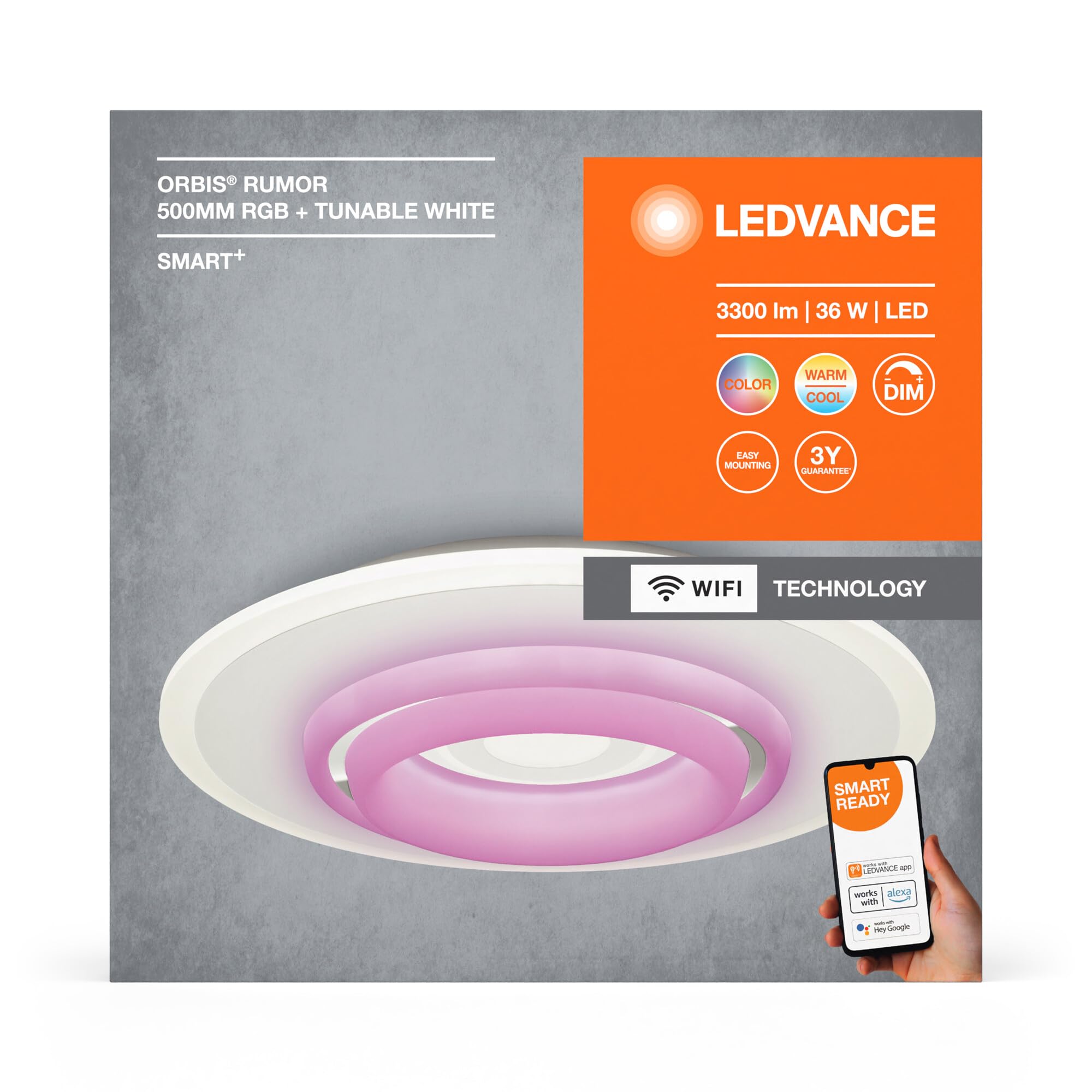 LEDVANCE ORBIS RUMOUR SMART+ WiFi Leuchte, Ø 50cm, dimmbare runde LED Deckenleuchte für den Innenbereich, 32W, Farbtemperatur von 2700-6500K, 3300 Lumen, 2 LED RGB Modul, Design-Leuchte,weiß