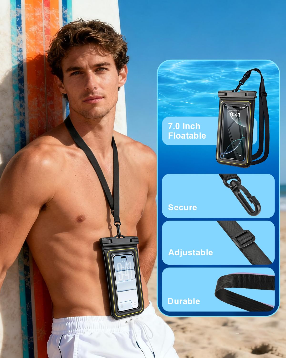 Bolsa impermeable flotante para teléfono, bolsa seca a prueba de agua, funda impermeable para iPhone Samsung Galaxy Google, paquete de 2, color negro